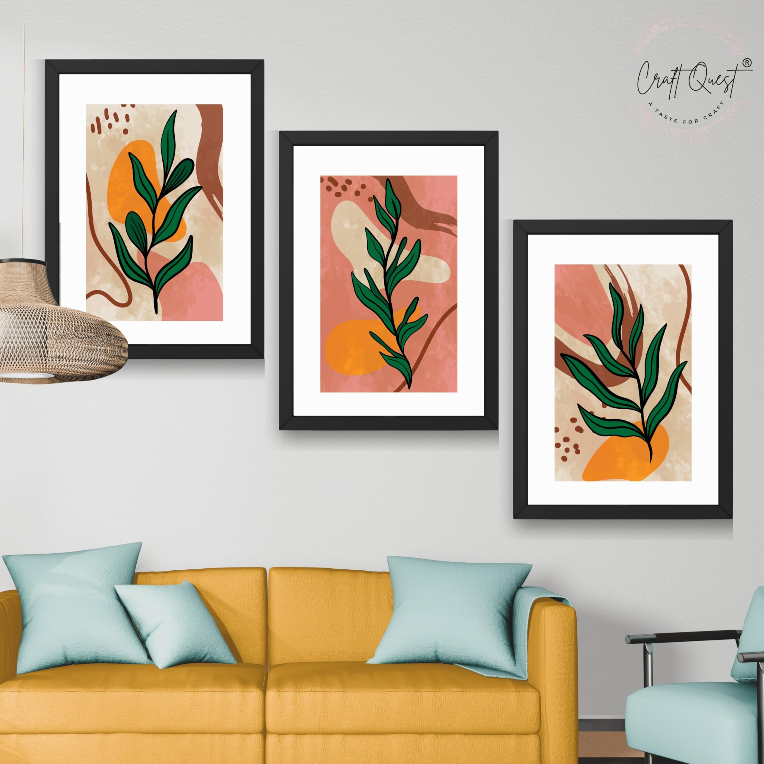 CRAFT QUEST Wall Art Decor Paintings | Set of 3 BOHO Wall Art Frames for Home Decoration | Ideal for Living Room, Bedrooms & Office