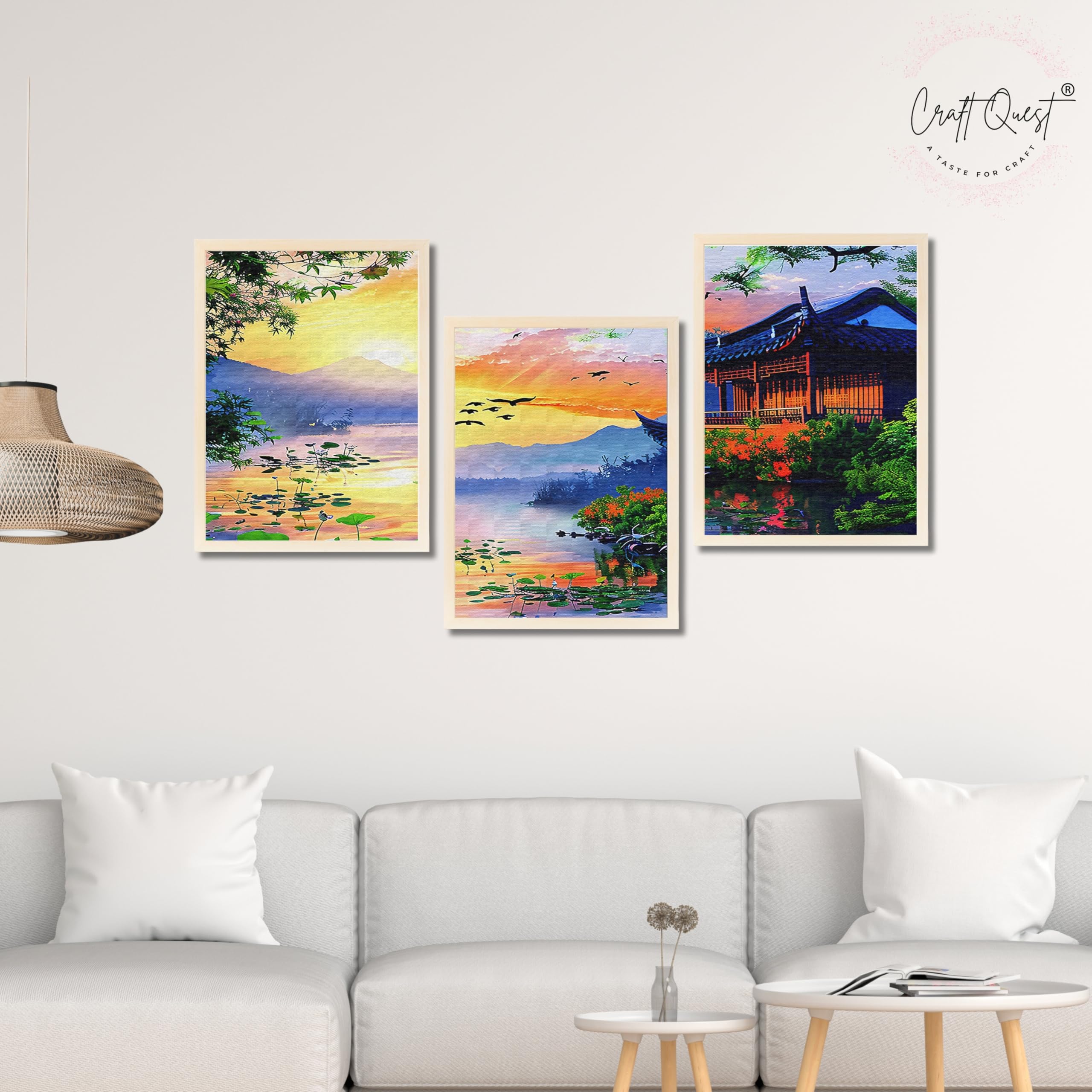 CRAFT QUEST Modern Art Of Sunset Wall Art | Set of 3 Frames for Home Decoration | Ideal for Living Room, Bedroom & Offices