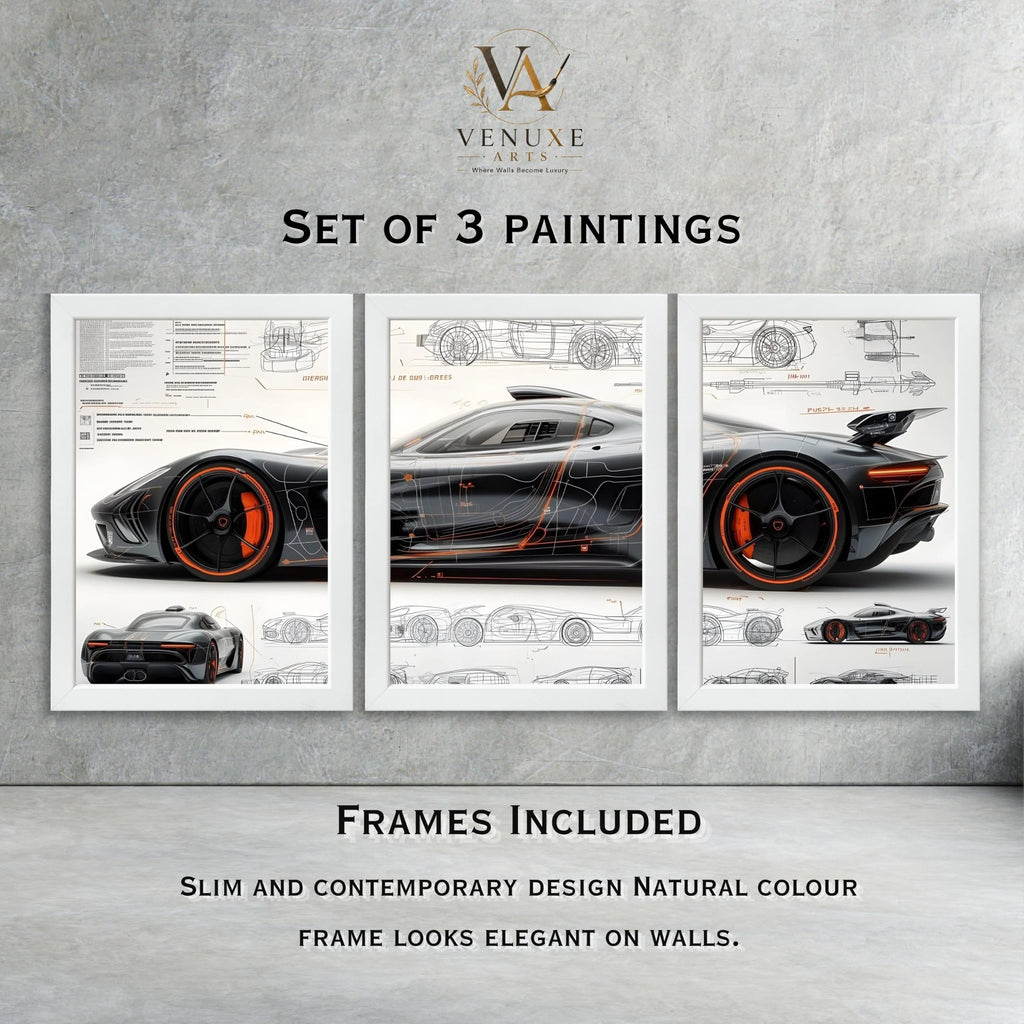 VENUXE ARTS Set Of 3 Big Sports Cars Framed Posters Gift Items for Boys Room Wall Decoration Bedroom Living Room Office Studio Décor | Car Poster Frame for Wall Décor