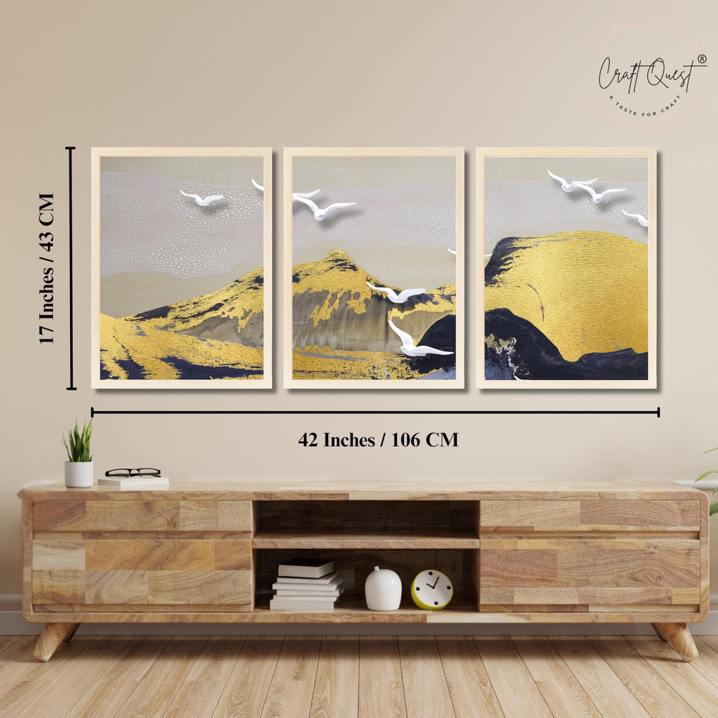 CRAFT QUEST Modern Art Abstract Porch Golden Wall Art | Set of 3 Frames for Home Decoration | Ideal for Living Room, Bedroom & Offices
