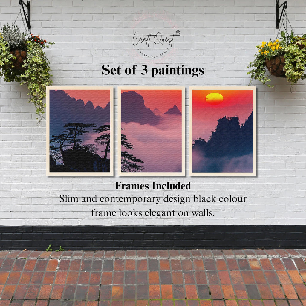 CRAFT QUEST Nature Inspired Mountains & Clouds Wall Art | Set of 3 Frames for Home Decoration | Ideal for Living Room, Bedroom & Offices