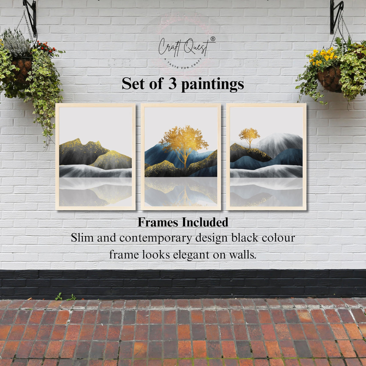 CRAFT QUEST Modern Abstract Golden Trees & Mountains | Set of 3 Frames for Home Decoration | Ideal for Living Room, Bedroom & Offices