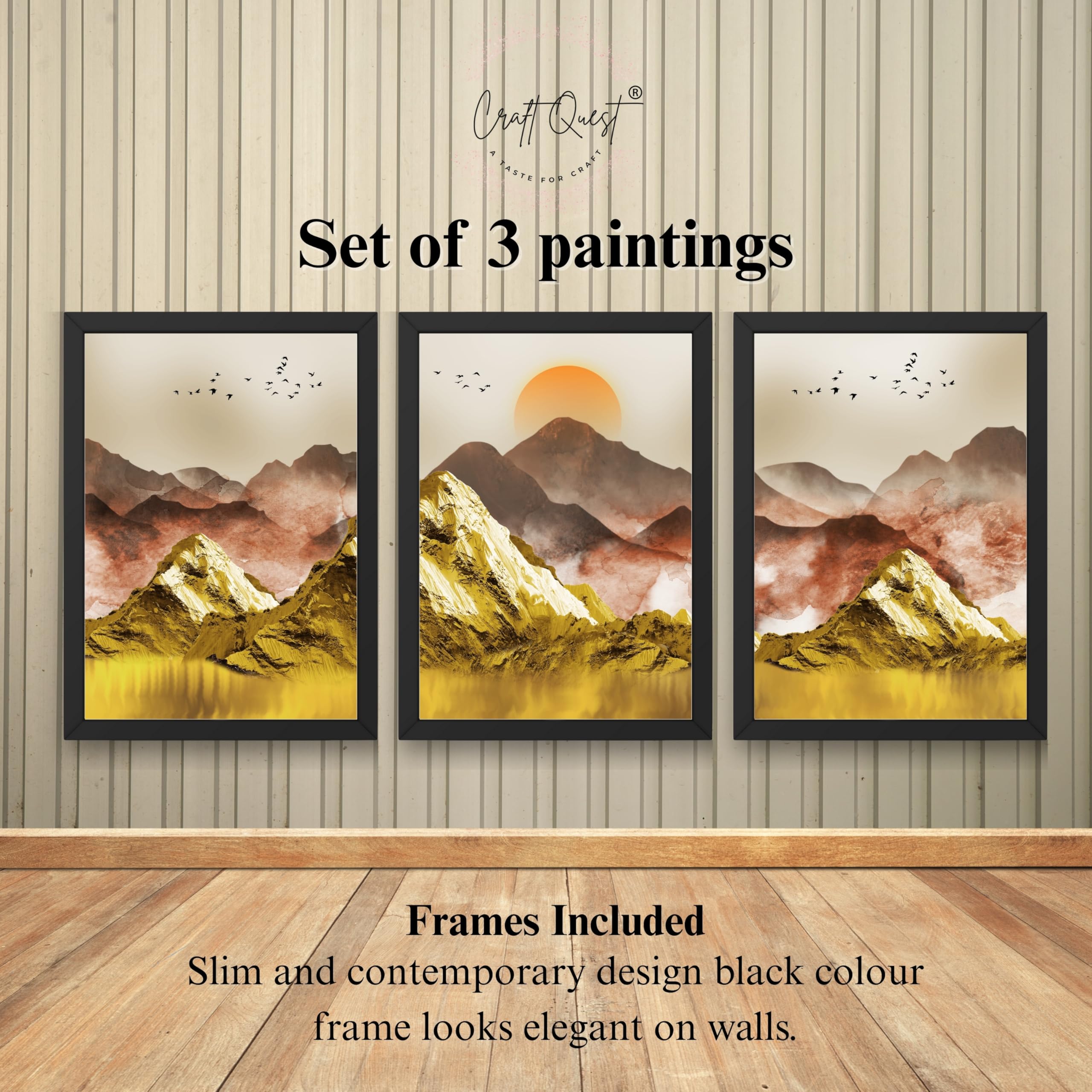 CRAFT QUEST Modern Art Mural Landscape Golden Mountains & Birds Wall Art | Set of 3 Frames for Home Decoration | Ideal for Living Room, Bedroom & Offices