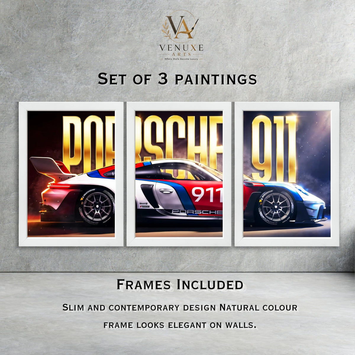 VENUXE ARTS Set Of 3 Big Sports Cars Framed Posters Gift Items for Boys Room Wall Decoration Bedroom Living Room Office Studio Décor | Car Poster Frame for Wall Décor