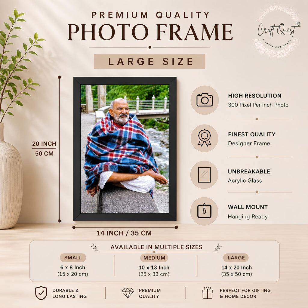 CRAFT QUEST Neem Karoli Baba Maharaj Ji Smiling Portrait Photo Frame for Wall | Spiritual Guru Religious Wall Art | Devotional Photo for Home, Mandir, Puja Room & Gifting
