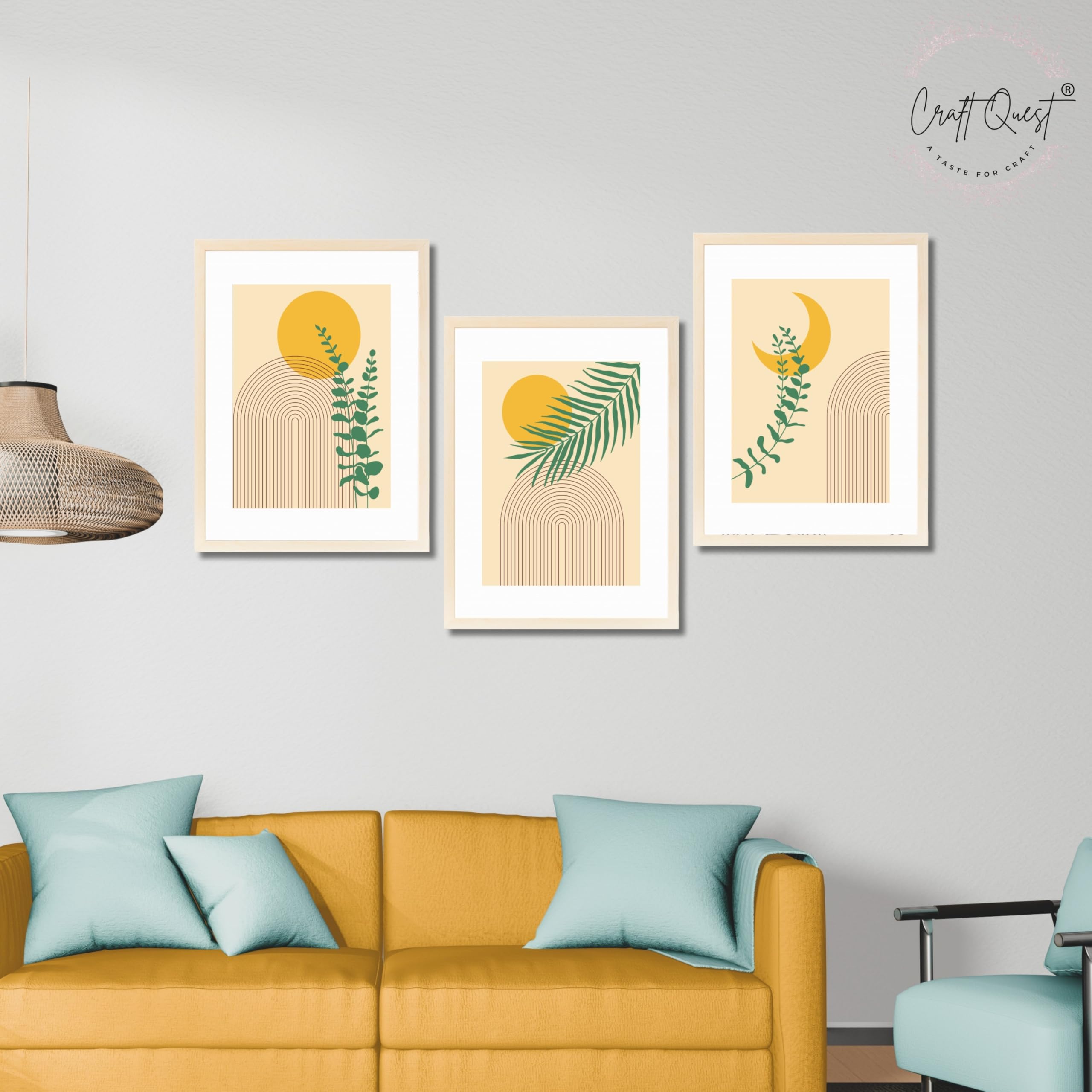 CRAFT QUEST Wall Art Decor Paintings | Set of 3 BOHO Wall Art Frames for Home Decoration | Ideal for Living Room, Bedroom & Office