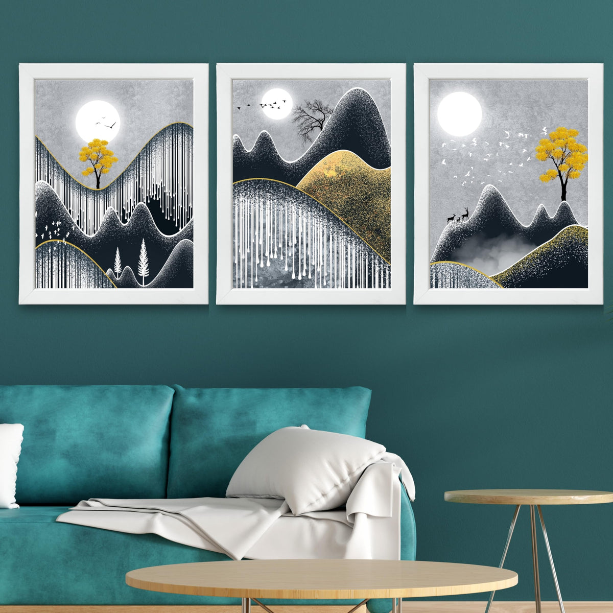CRAFT QUEST Abstract Art Geometric Figures Decorative Murals | Set of 3 Frames for Home Decoration | Ideal for Living Room, Bedroom & Offices
