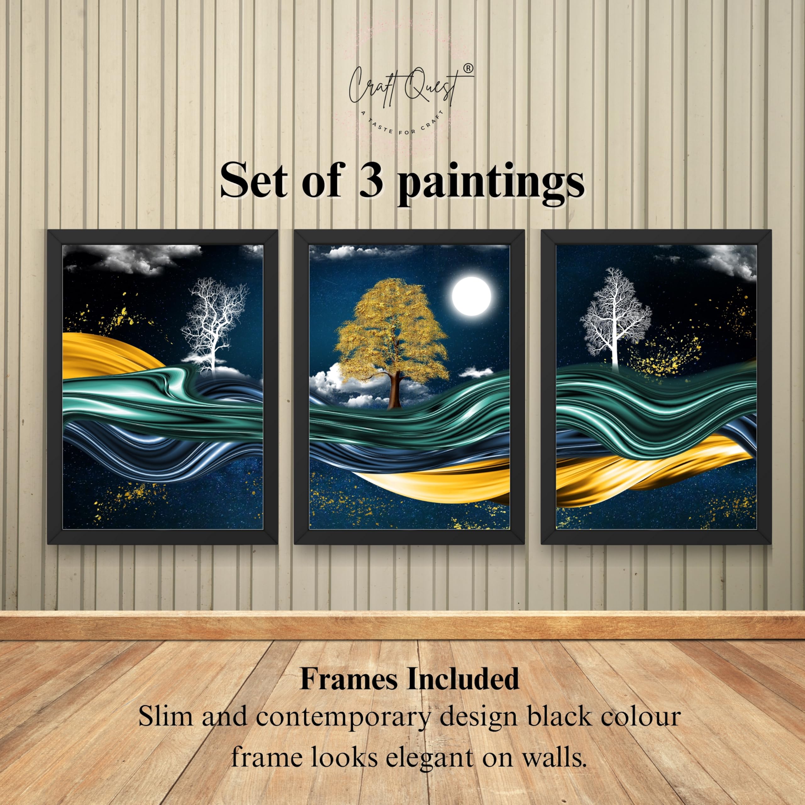 CRAFT QUEST Modern Art With Dark Blue Background & Golden Tree Wall Art | Set of 3 Frames for Home Decoration | Ideal for Living Room, Bedroom & Offices