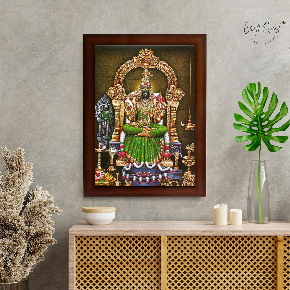 CRAFT QUEST Kanchi Kamakshi Kamachi Amman Kanji Kamatchi Wall Painting Photo Framed | South God Picture Frame for Home, Office, Temple & Gifting