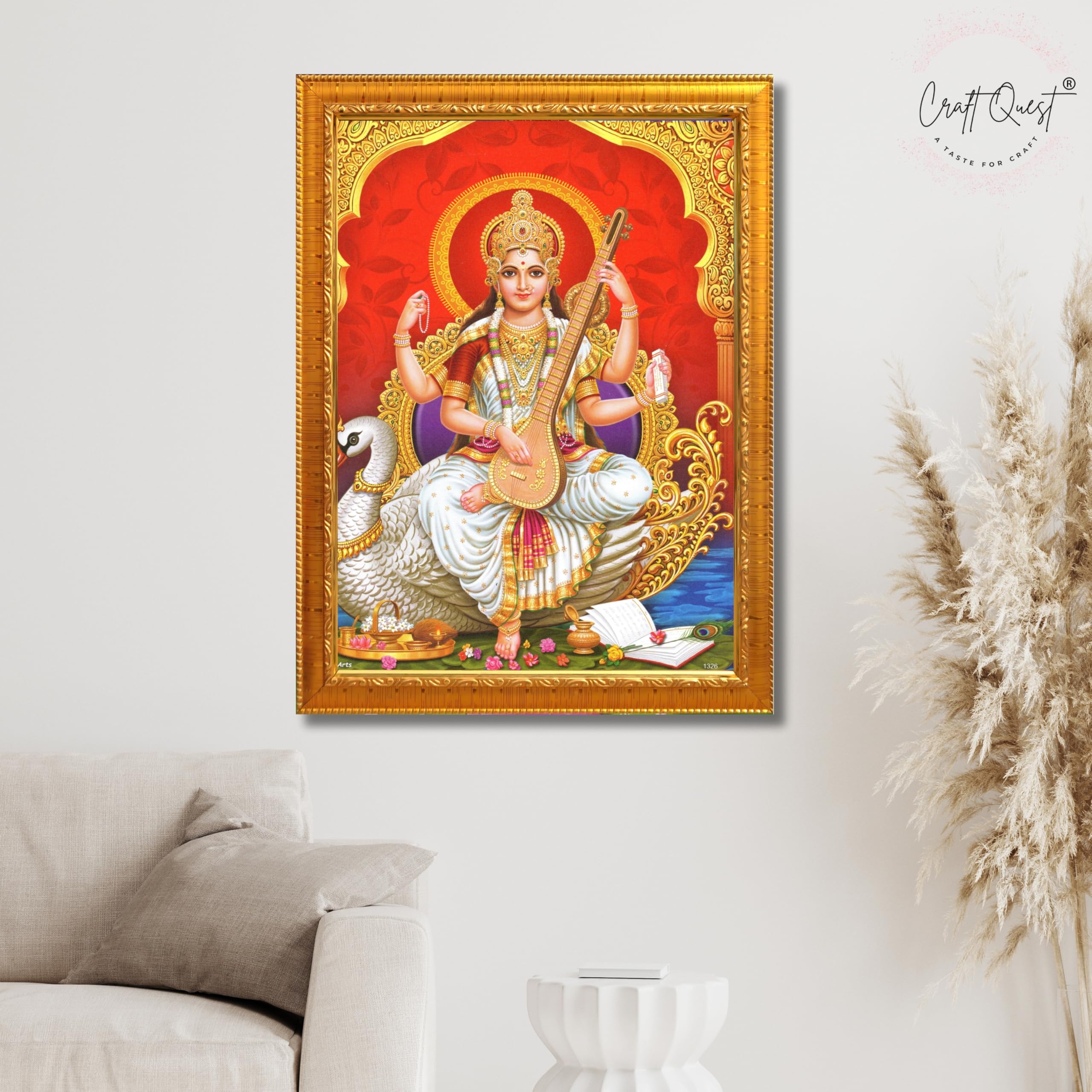 CRAFT QUEST Saraswati Devi Goddess Saraswathi Maa Wall Painting Framed For Home Décor Synthetic wood Framed