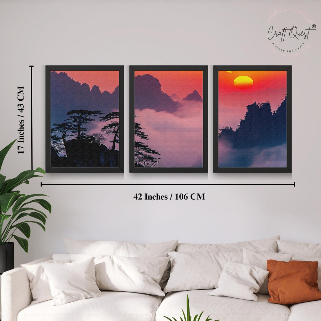 CRAFT QUEST Nature Inspired Mountains & Clouds Wall Art | Set of 3 Frames for Home Decoration | Ideal for Living Room, Bedroom & Offices