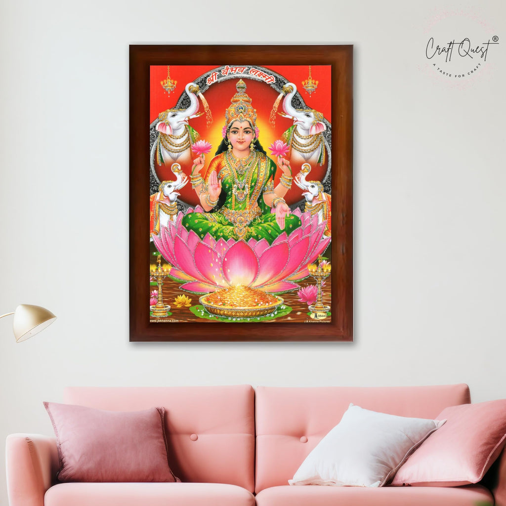 CRAFT QUEST Goddess Lakshmi Devi Dhana Laxmi Maa Wall Painting Frame for Diwali,Temple, Pooja, Living Room Home and Decor