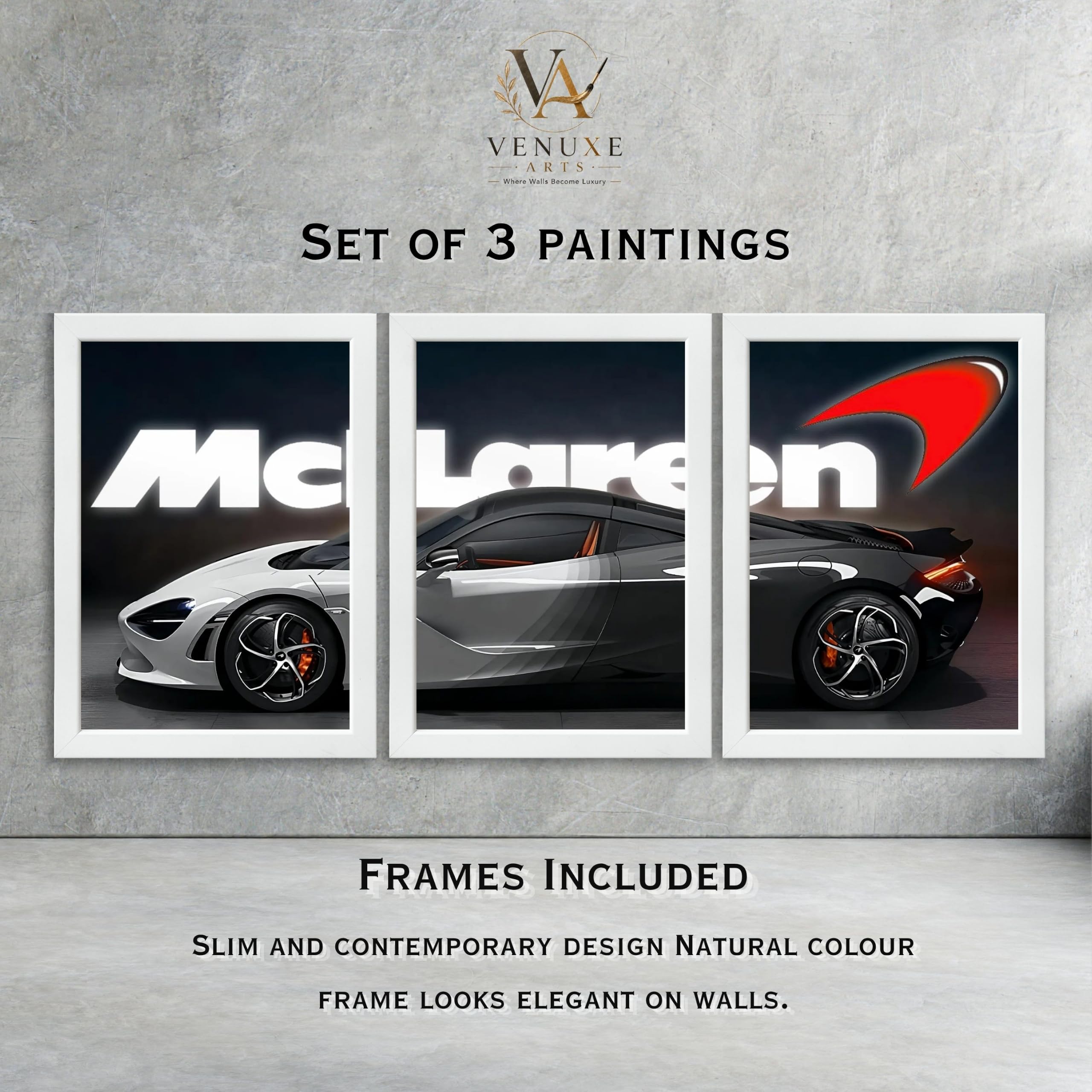 VENUXE ARTS Set Of 3 Big Sports Cars Framed Posters Gift Items for Boys Room Wall Decoration Bedroom Living Room Office Studio Décor | Car Poster Frame for Wall Décor