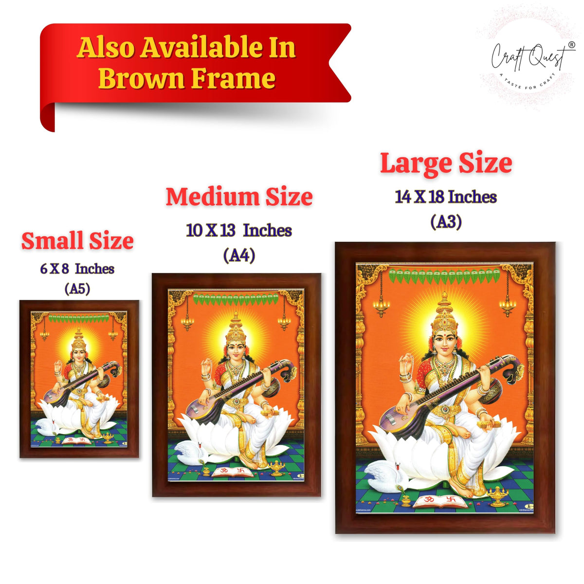 CRAFT QUEST Saraswati Devi Goddess Saraswathi Maa Wall Painting For Home Décor Synthetic wood Framed