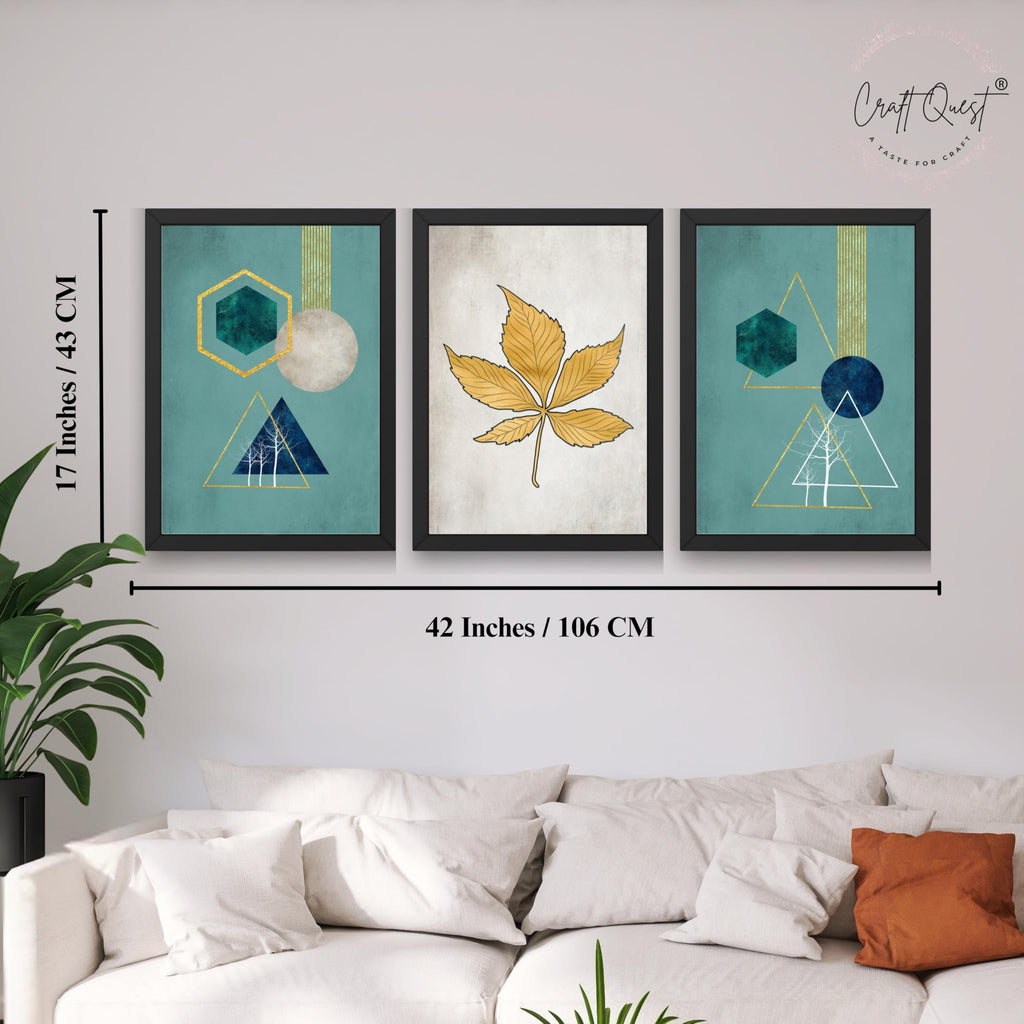 CRAFT QUEST Modern Art Shapes & Leaf Abstract | Set of 3 Frames for Home Decoration | Ideal for Living Room, Bedroom & Offices