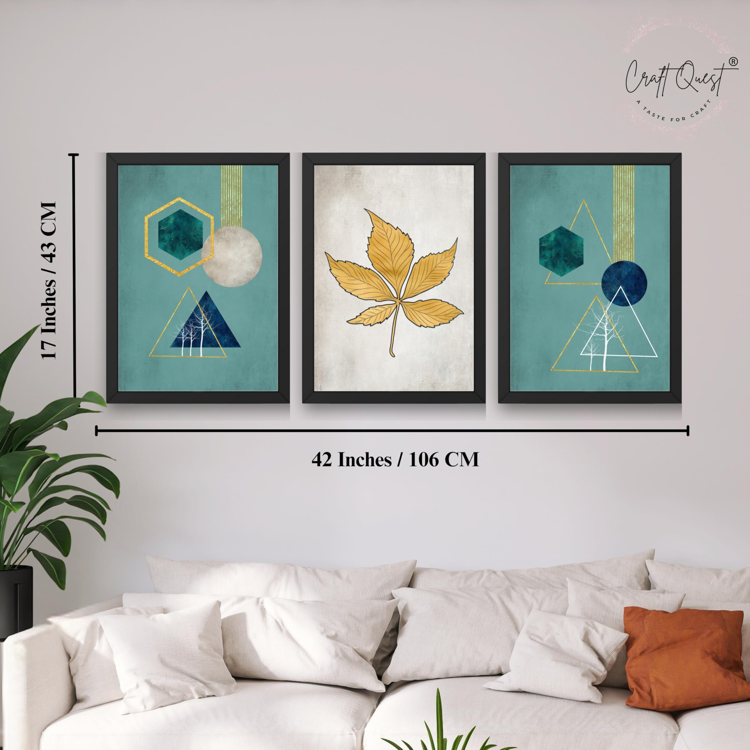 CRAFT QUEST Modern Art Shapes & Leaf Abstract | Set of 3 Frames for Home Decoration | Ideal for Living Room, Bedroom & Offices