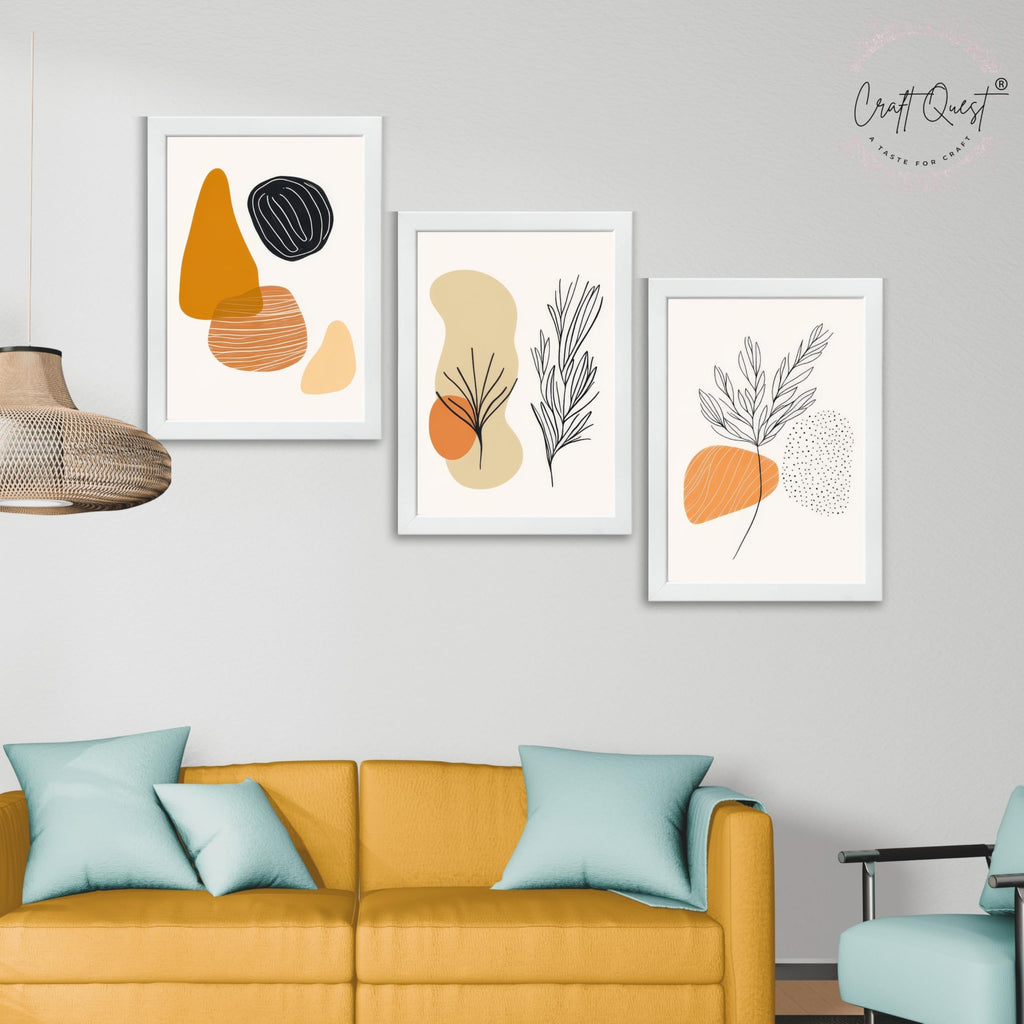 CRAFT QUEST Organic Abstract Line Art Modern Art | Set of 3 Frames for Home Decoration | Ideal for Living Room, Bedroom & Offices