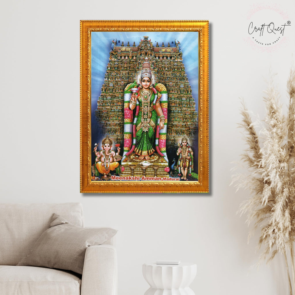 CRAFT QUEST Madurai Meenakshi Amman Madhura Meenatchi Wall Painting Framed Home Decor | South God Picture Frame for Home, Office, Temple & Gifting, Decor