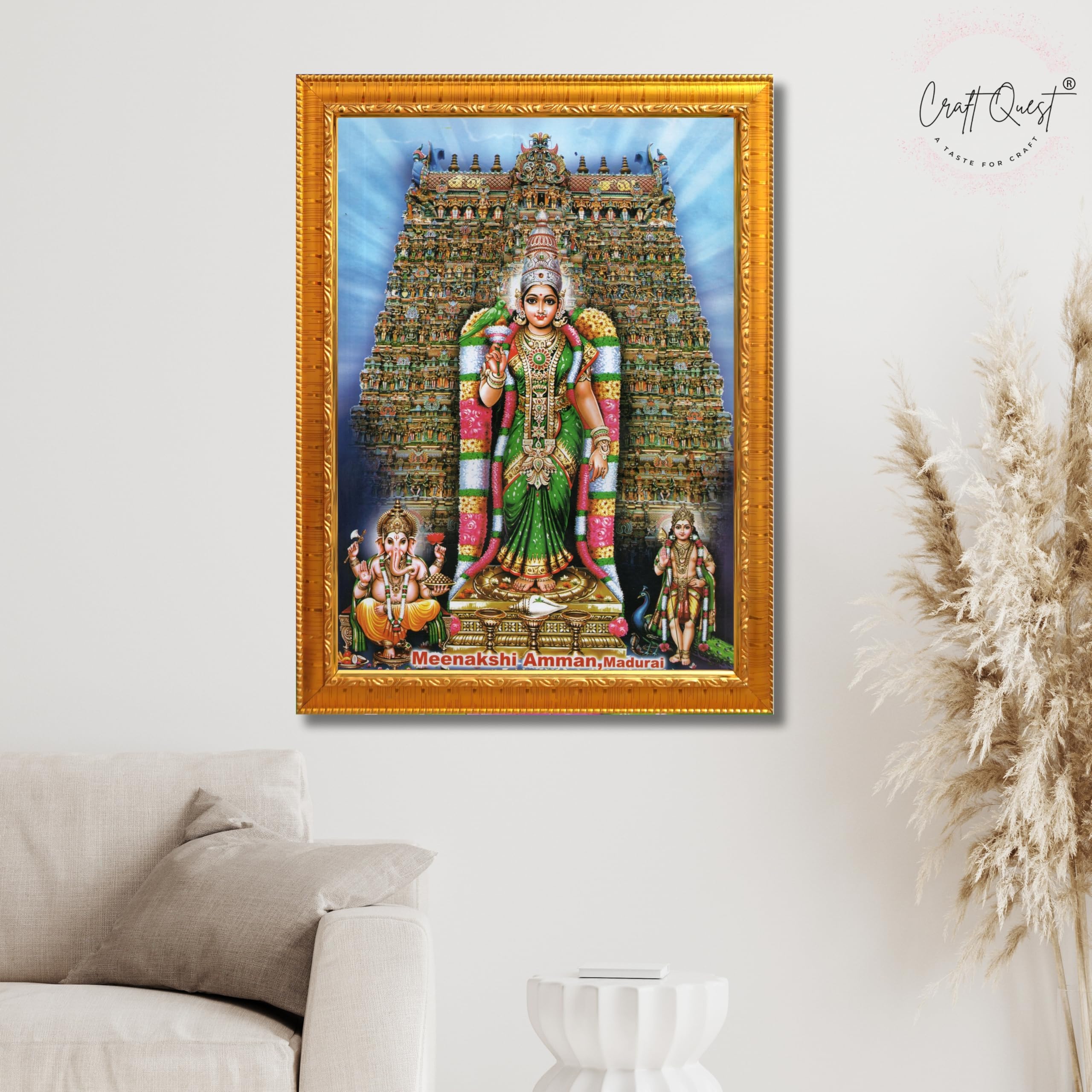 CRAFT QUEST Madurai Meenakshi Amman Madhura Meenatchi Wall Painting Framed Home Decor | South God Picture Frame for Home, Office, Temple & Gifting, Decor
