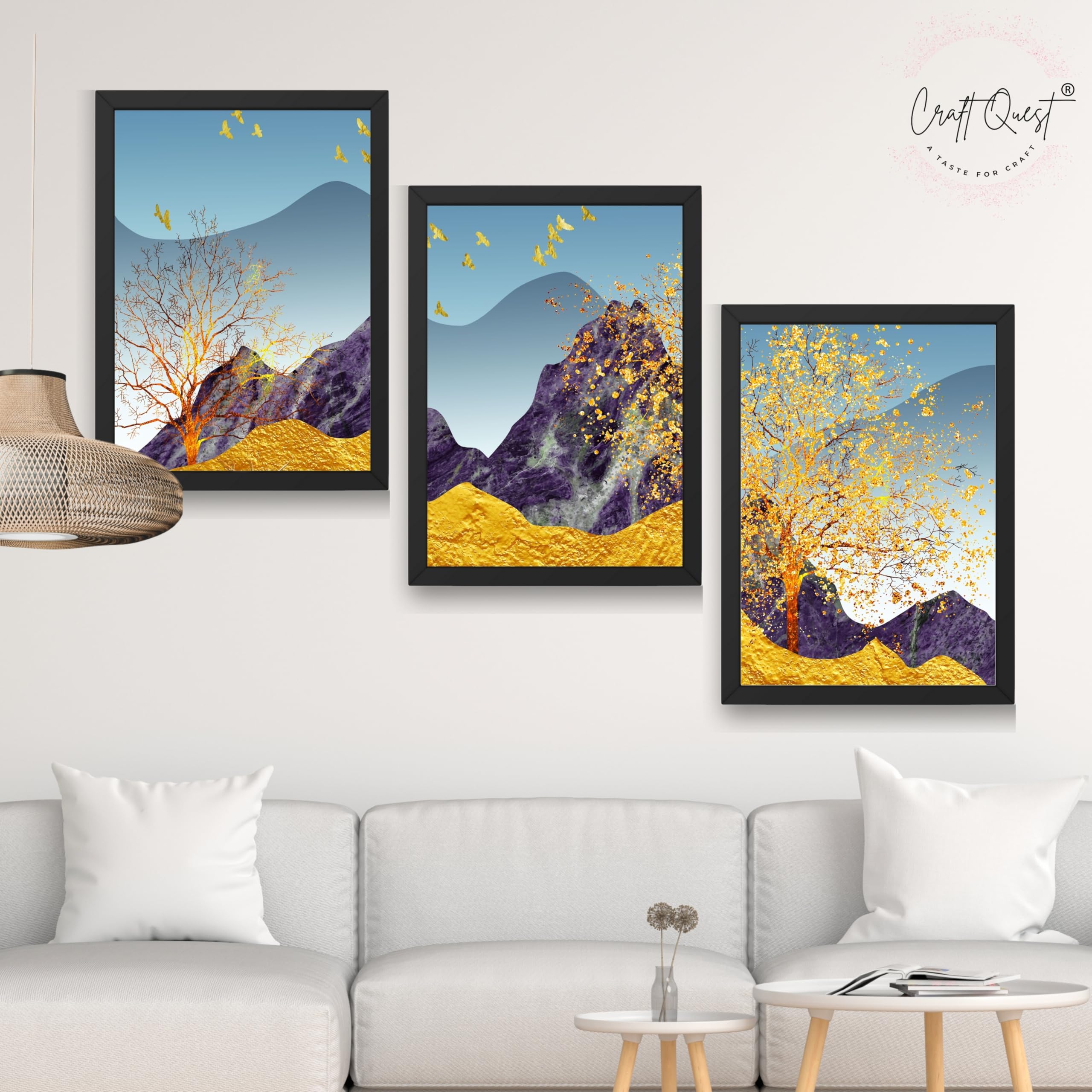 CRAFT QUEST Modern Art Abstract Porch Golden Trees Wall Art | Set of 3 Frames for Home Decoration | Ideal for Living Room, Bedroom & Offices