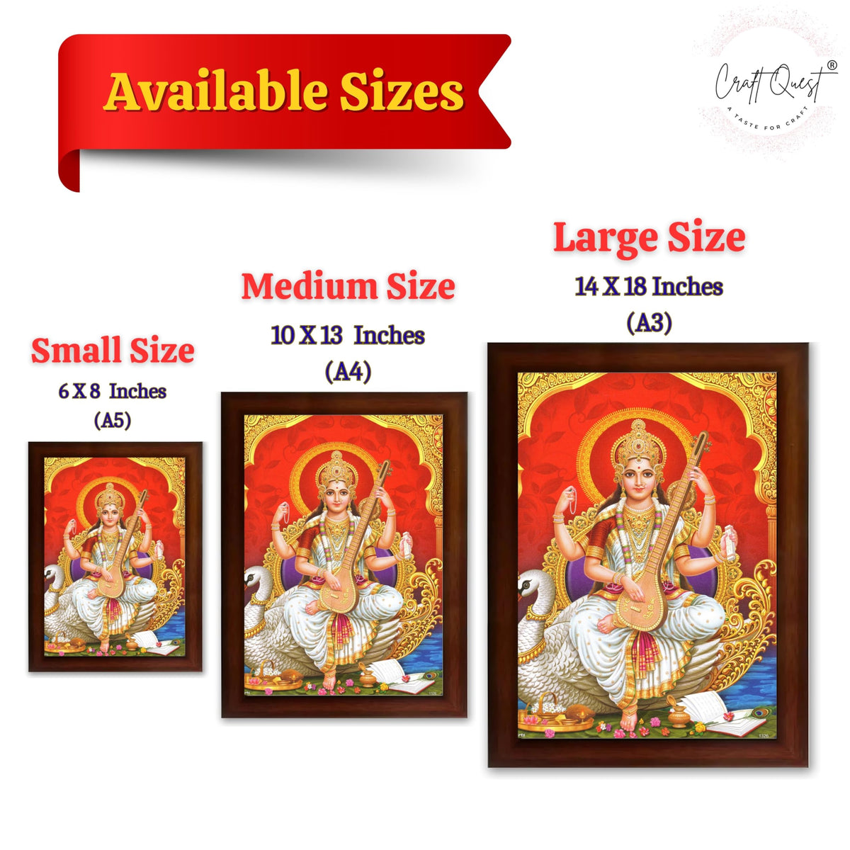CRAFT QUEST Saraswati Devi Goddess Saraswathi Maa Wall Painting Framed For Home Décor Synthetic wood Framed