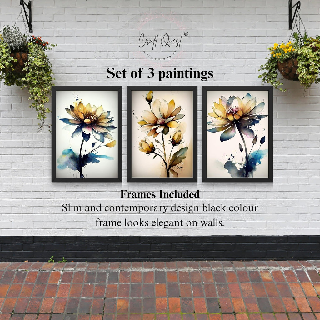 CRAFT QUEST Nature Inspired Triptych Flowers Abstract Wall Art | Set of 3 Frames for Home Decoration | Ideal for Living Room, Bedroom & Office