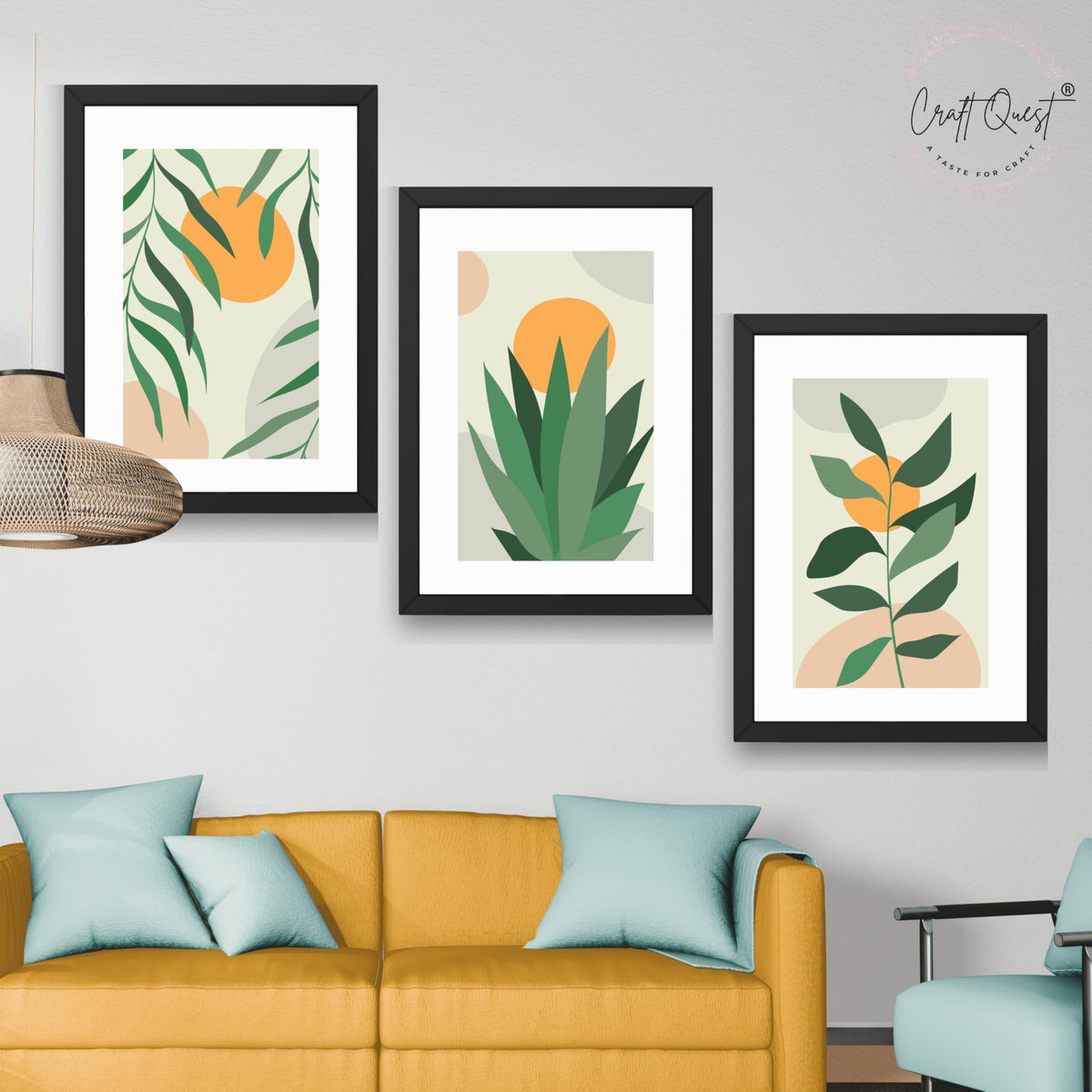 CRAFT QUEST Nature Inspired Botanical Abstract Wall Art | Set of 3 Frames for Home Decoration | Ideal for Living Room, Bedroom & Office