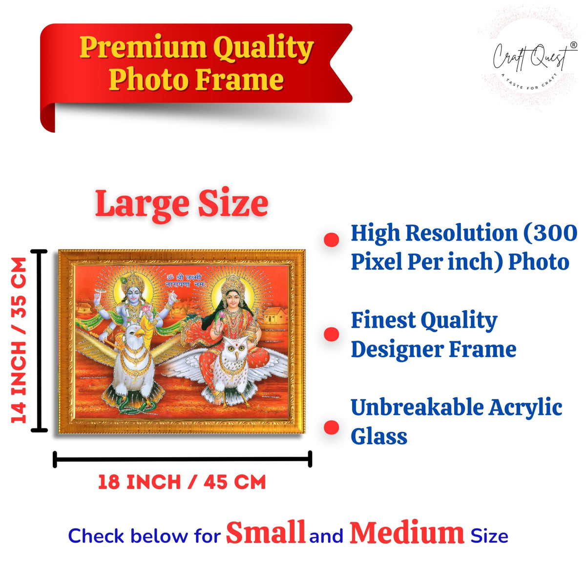 CRAFT QUEST Lord Vishnu and Goddess Lakshmi Giving Blessing on Garud Jii, Glitter Work Painting wooden frame