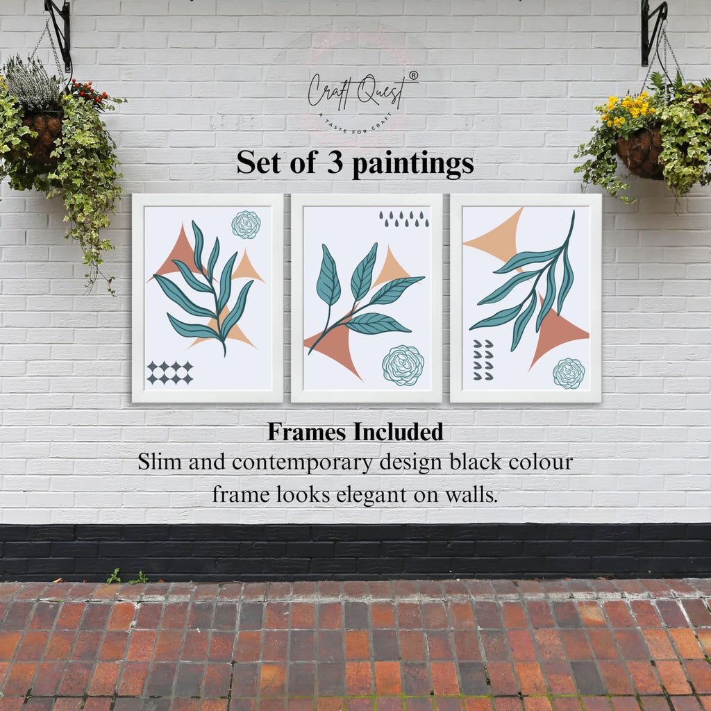 CRAFT QUEST Nature Inspired Botanical Wall Art Abstract Leaves Wall Art | Set of 3 Frames for Home Decoration | Ideal for Living Room, Bedroom & Office
