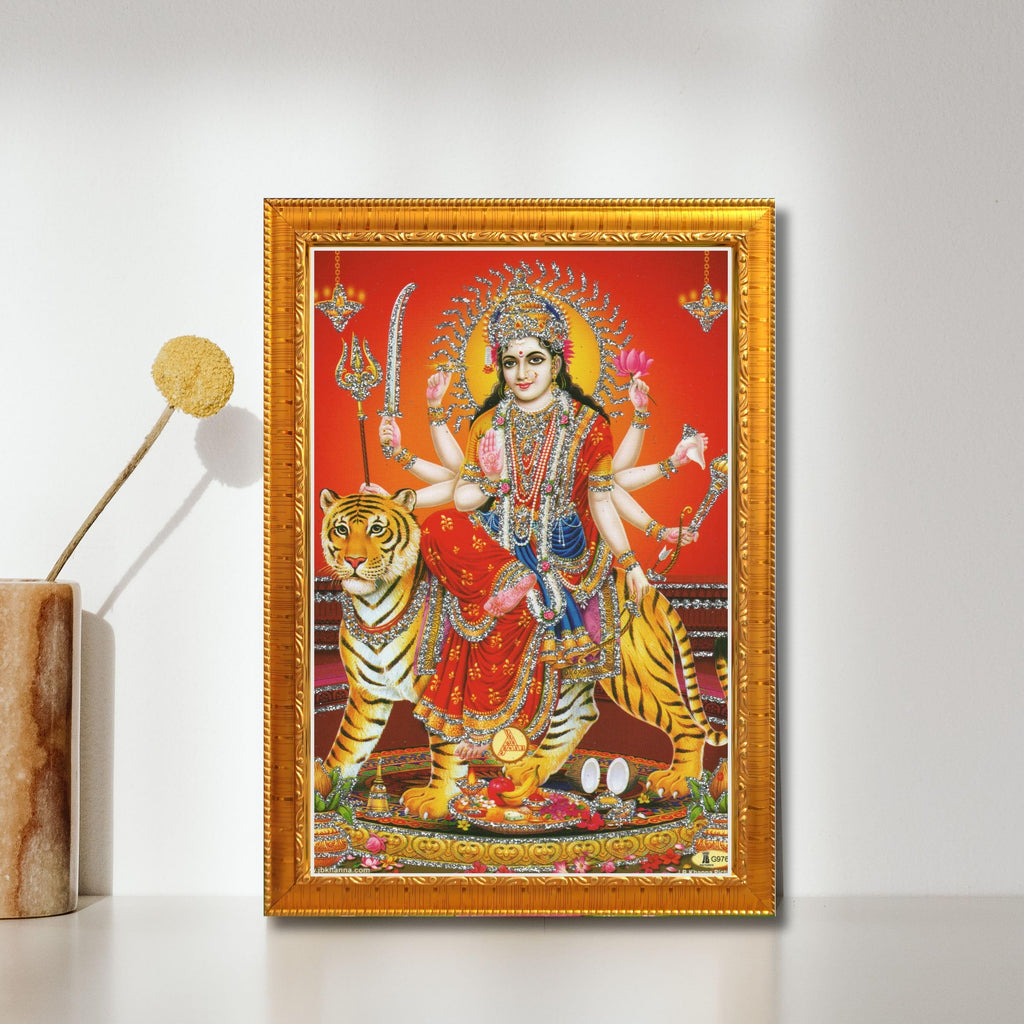 CRAFT QUEST Durga maa photo with Golden frame, God Religious Framed Painting (Small Size, 8 X 6 Inches)