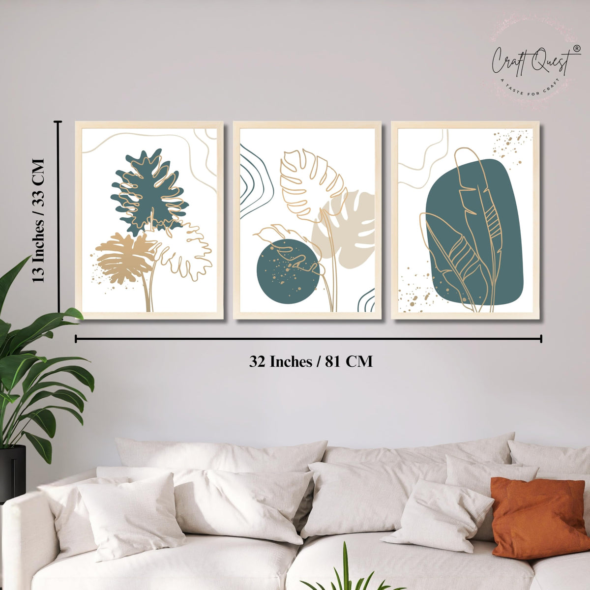 CRAFT QUEST Boho Leaf Artwork | Set of 3 Frames for Home Decoration | Ideal for Living Room, Bedroom & Offices