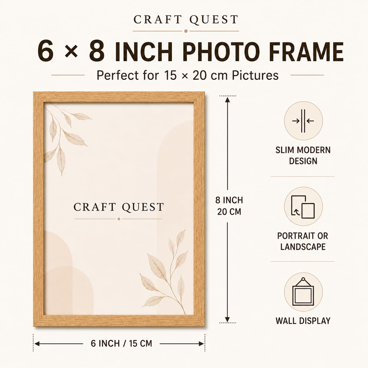 CRAFT QUEST 4X6 Inch Size synthetic Wall Mount Photo frames Single For Home Decoration, Living Room, Office Decoration (Natural, Set of 1)