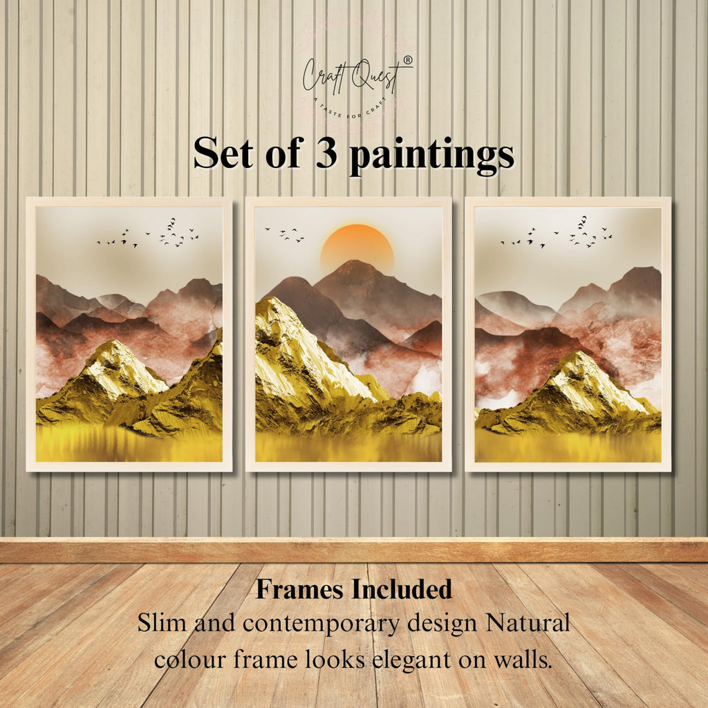 CRAFT QUEST Modern Art Mural Landscape Golden Mountains & Birds Wall Art | Set of 3 Frames for Home Decoration | Ideal for Living Room, Bedroom & Offices