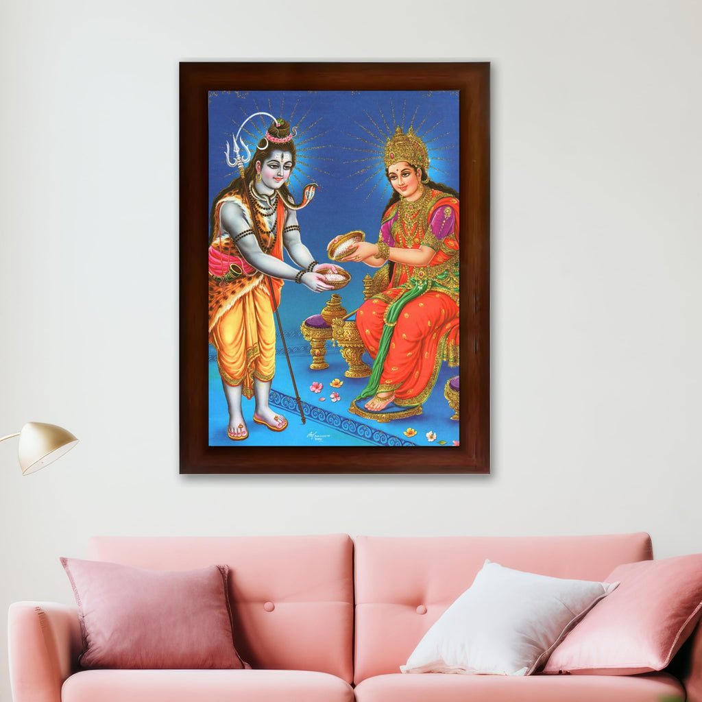 CRAFT QUEST Shiva & Maa Annapurna devi sitting on throne photo frame with Laminated Poster for Kitchen Worship