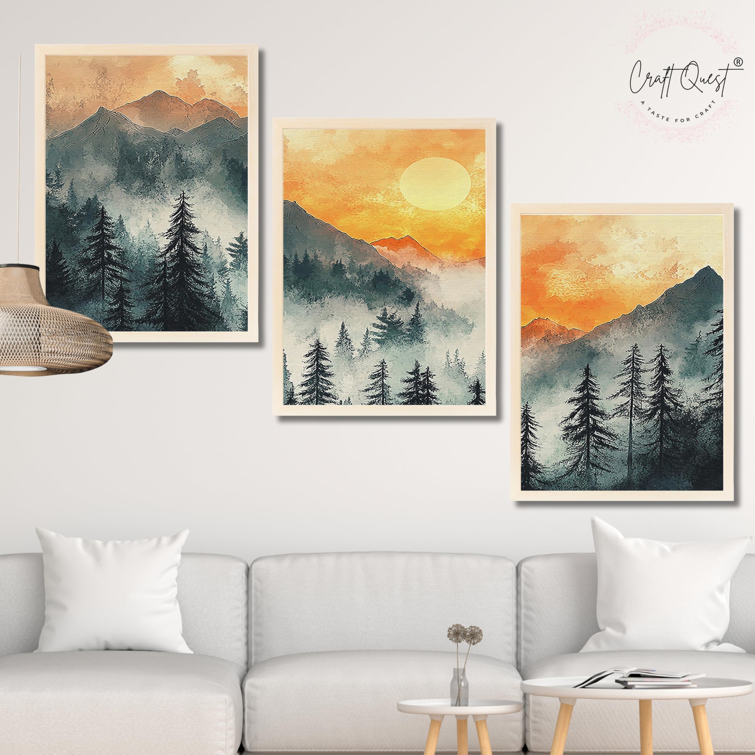 CRAFT QUEST Nature Inspired Paintings With Trees & Mountains Wall Art | Set of 3 Frames for Home Decoration | Ideal for Living Room, Bedroom & Office