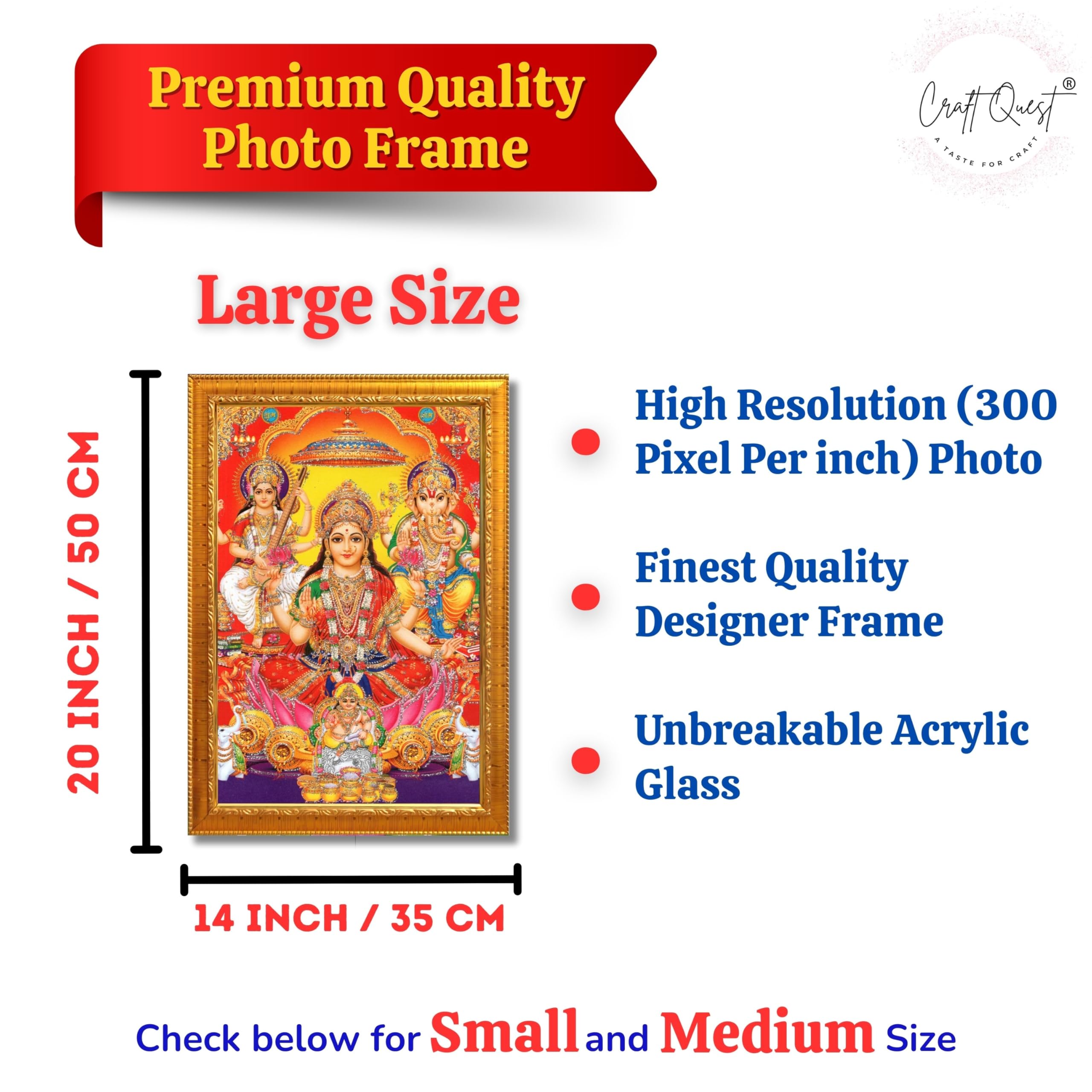 CRAFT QUEST Goddess Laxmi Ganesh Saraswati Religious God Hindu Photo Frame for Diwali,Temple, Pooja, Living Room Home and Decor Item