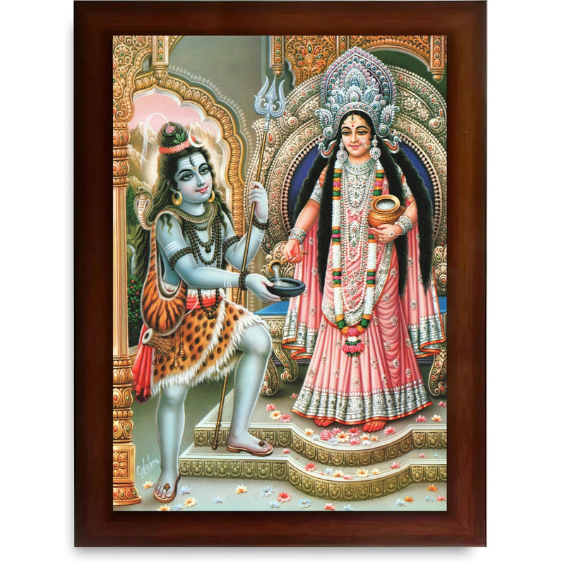 CRAFT QUEST Shiva & Maa Annapurna devi sitting on throne photo frame with Laminated Poster for Kitchen Worship
