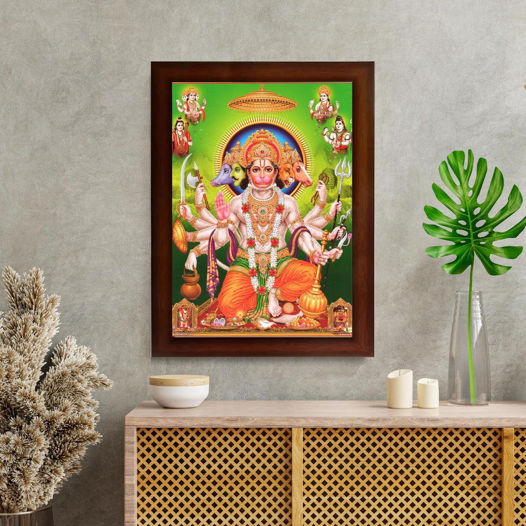 CRAFT QUEST Panchmukhi Hanuman | Bajrangbali Religious Photo frame home Decorative item synthetic wooden frame