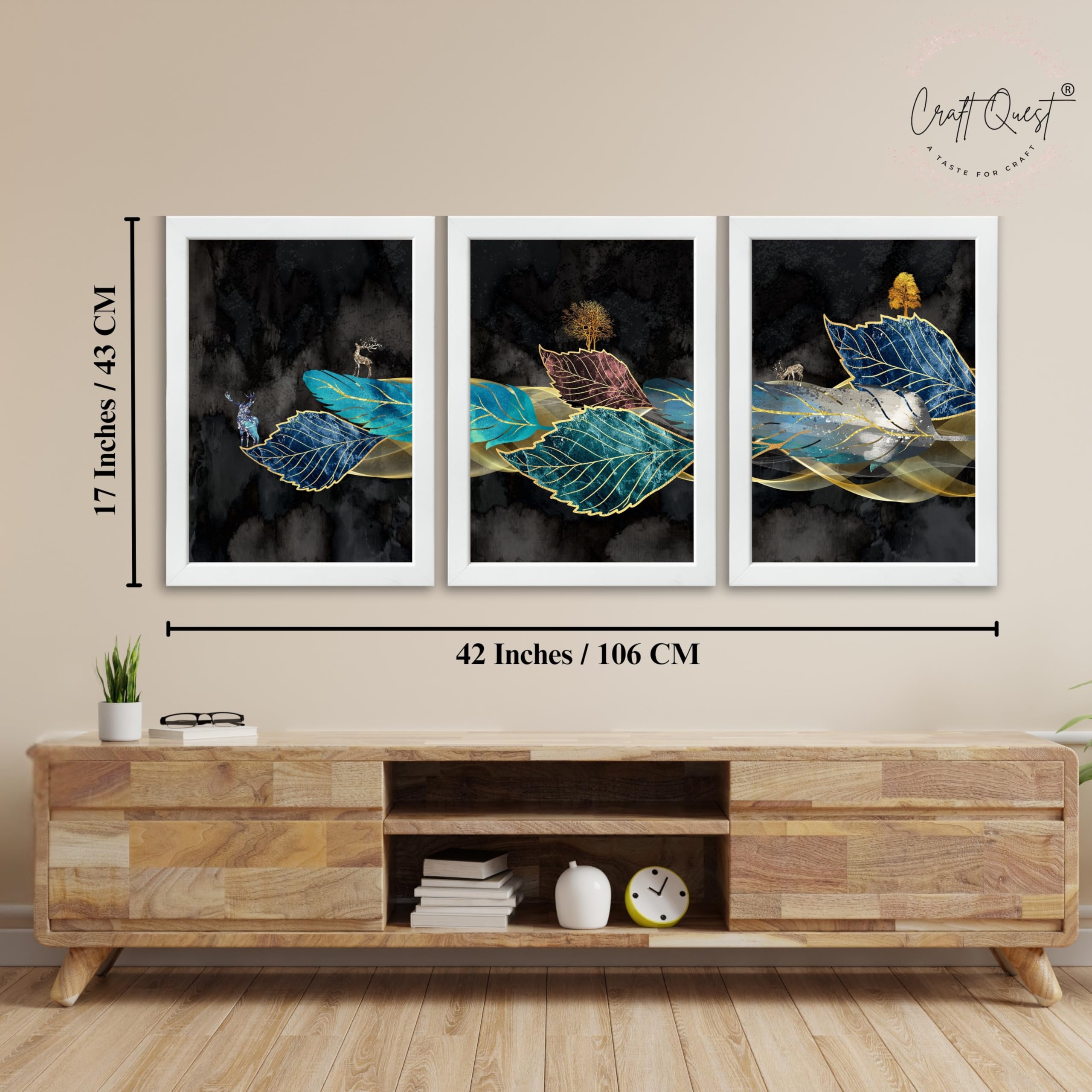 CRAFT QUEST Modern Art Blue,Turquoise & Red Leaves Wall Art | Set of 3 Frames for Home Decoration | Ideal for Living Room, Bedroom & Offices