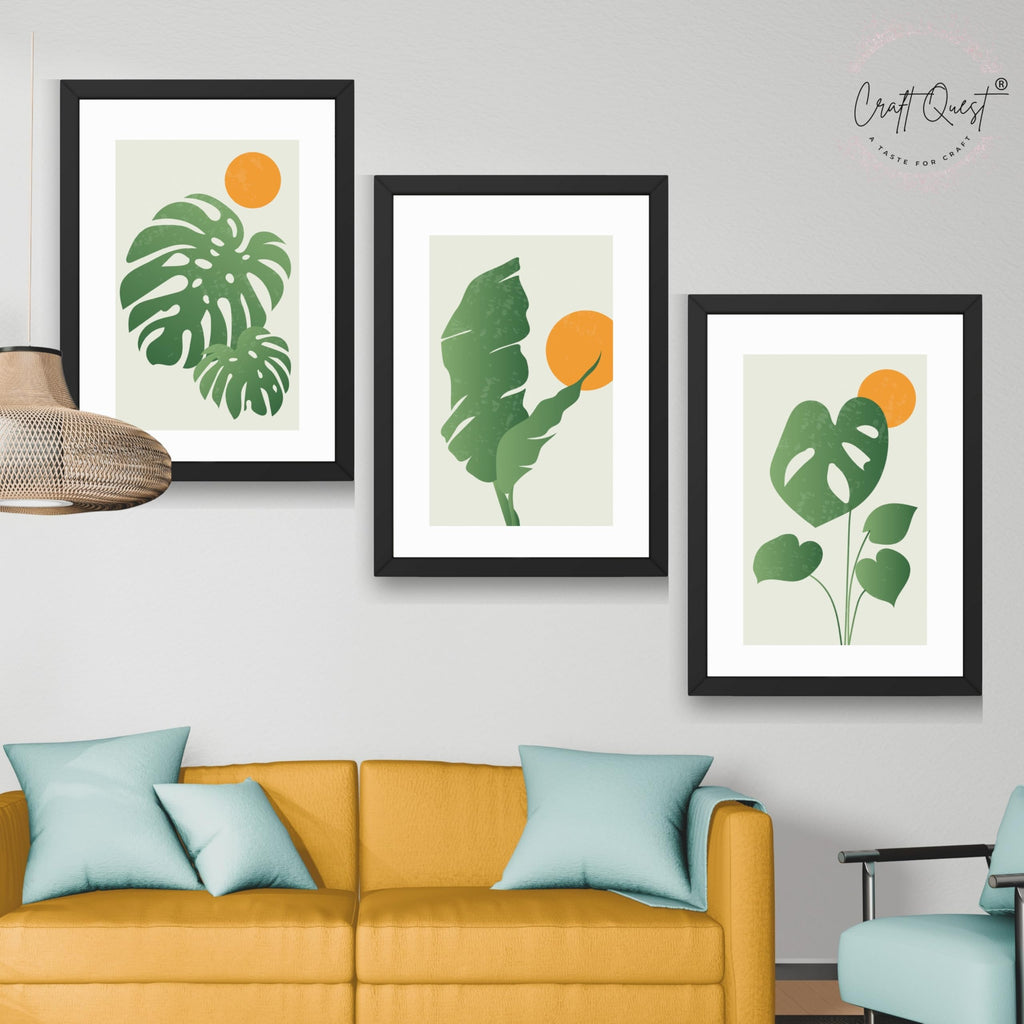 CRAFT QUEST Nature Inspired Abstract Gradient Tropical Leaf Wall Art | Set of 3 Frames for Home Decoration | Ideal for Living Room, Bedroom & Offices