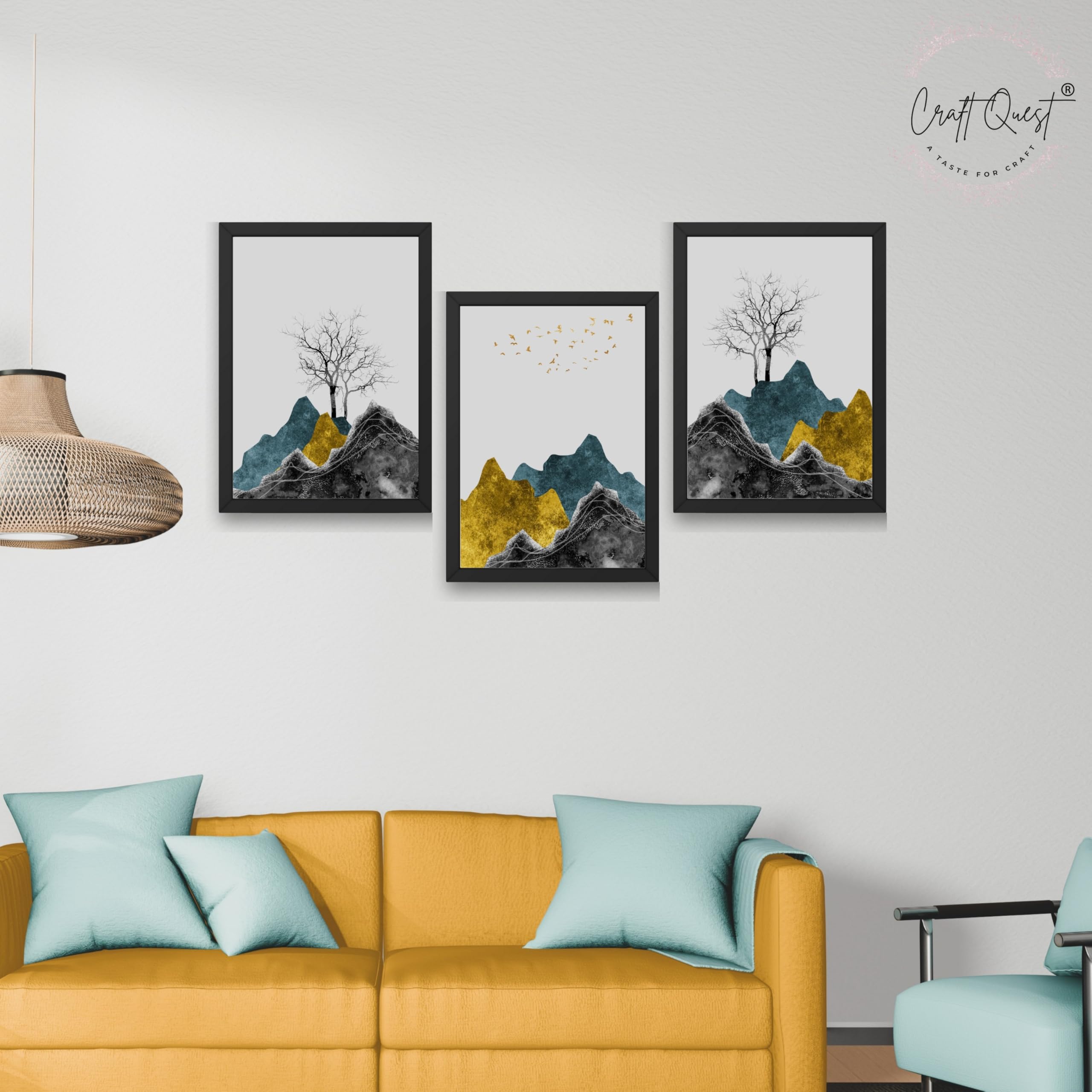 CRAFT QUEST Chinese Landscape Abstract Art Modern Art | Set of 3 Frames for Home Decoration | Ideal for Living Room, Bedroom & Offices