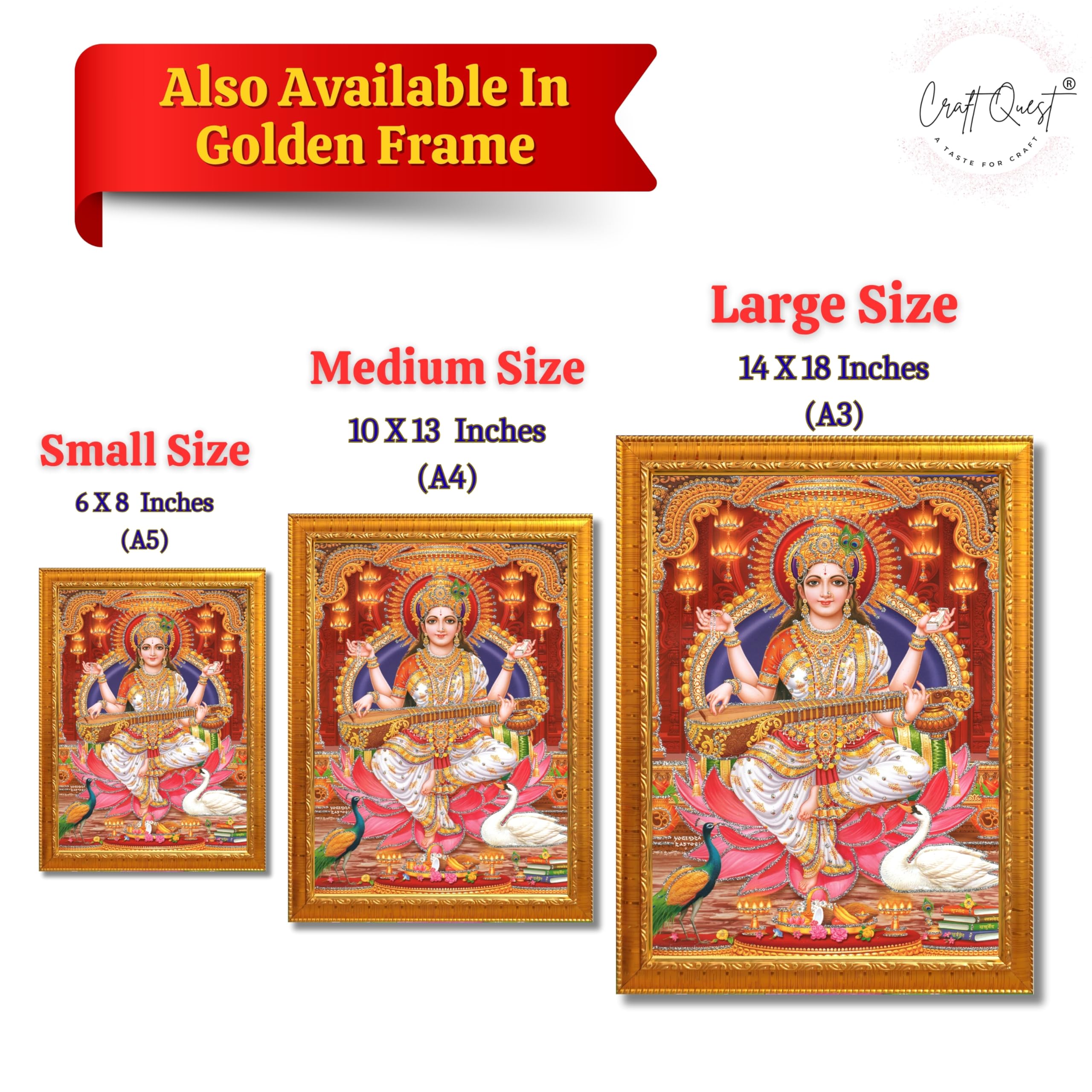 CRAFT QUEST Saraswati Devi Goddess Saraswati Maa Wall Painting Framed Home Decor wooden framed