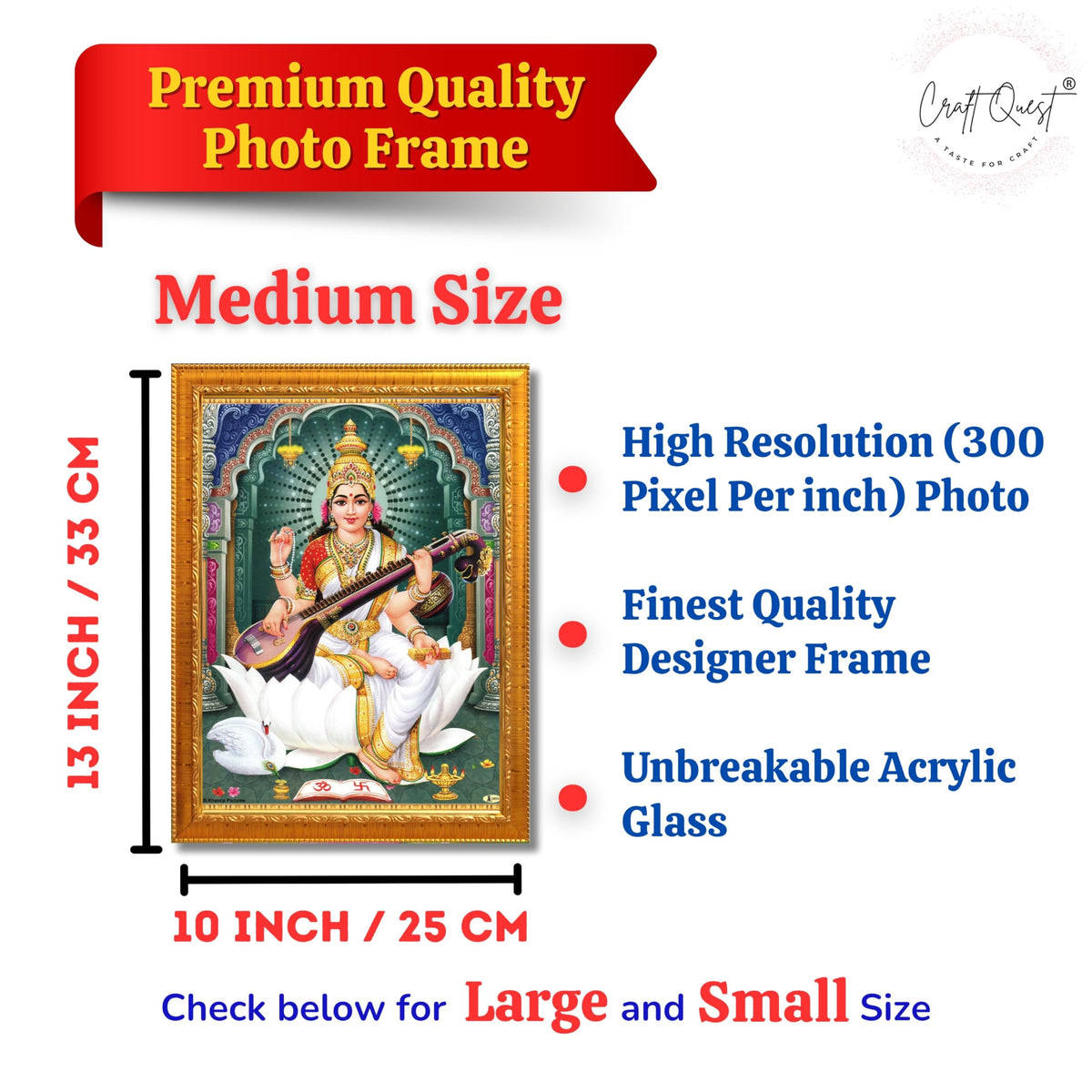 CRAFT QUEST Saraswati Devi Goddess Saraswathi Maa Wall Painting Sparkle Coated Framed Home Décor Synthetic wood