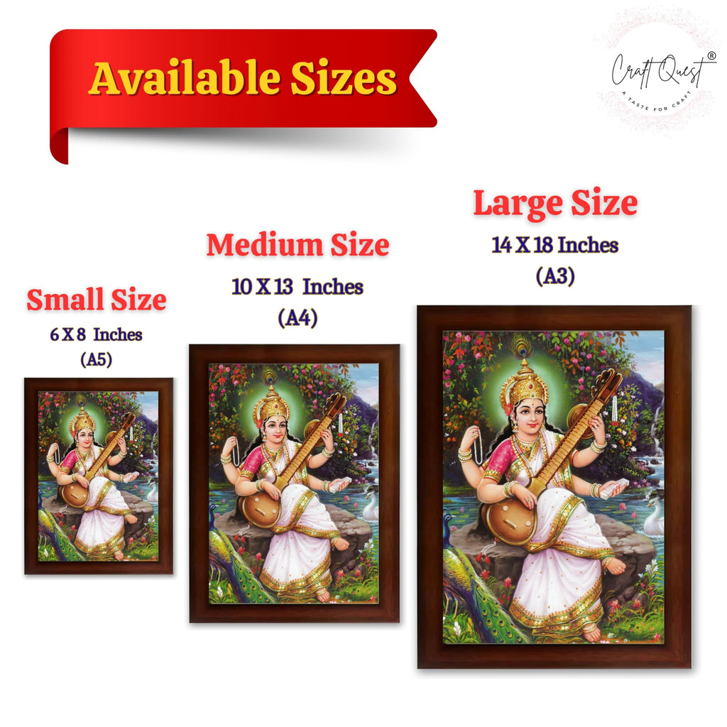 CRAFT QUEST Saraswati Devi Goddess Saraswathi Maa Wall Painting Framed Home Décor Synthetic wooden Framed