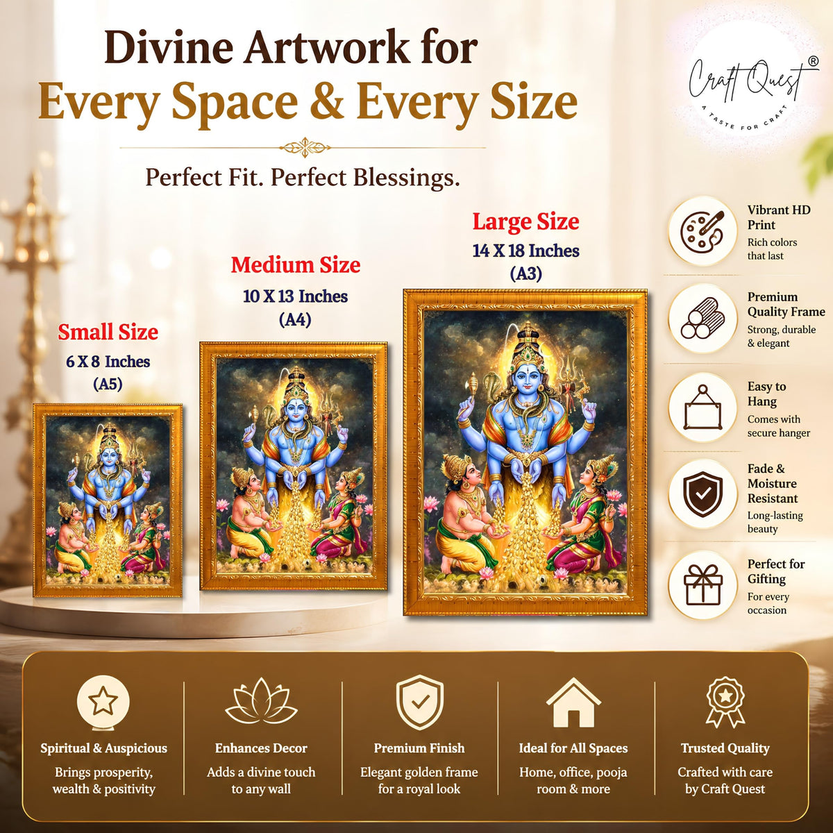 CRAFT QUEST Lord Swarnakarshana Bhairava Swamy With Lakshmi Devi and Kuber Bhagwan Religious Wall Photo Frame |Dhan Bhairav Frame for Home, Office, Temple & Gifting