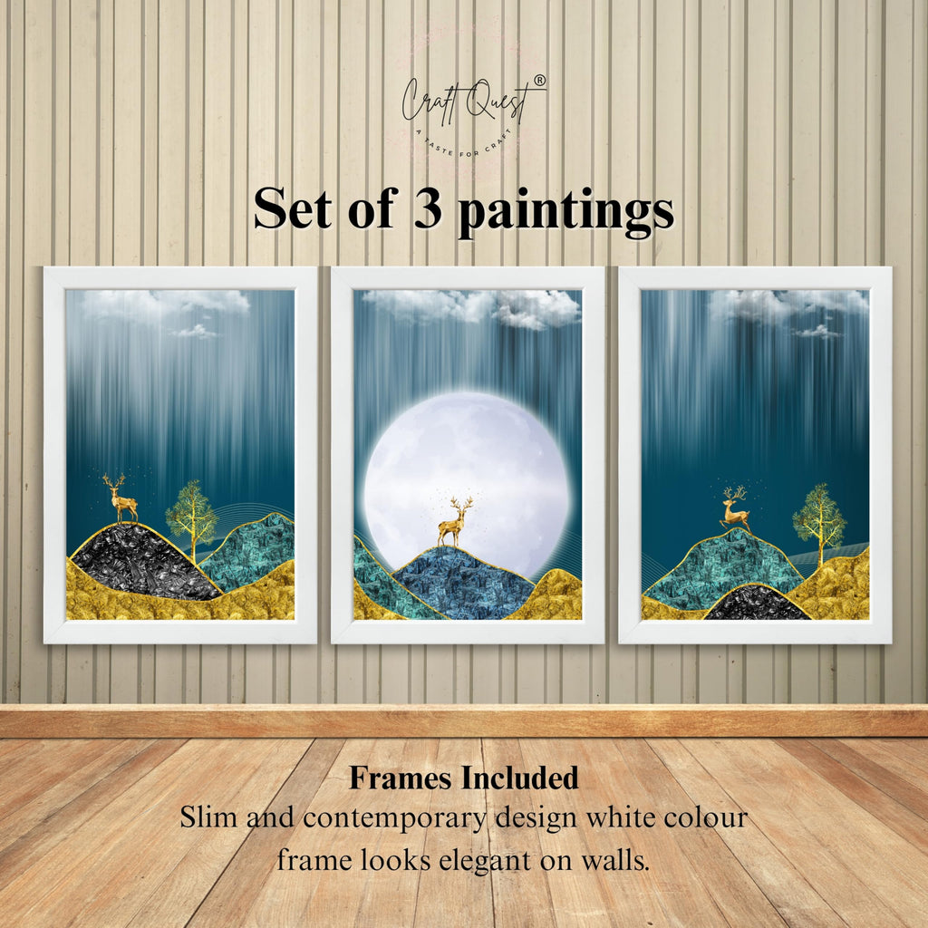 CRAFT QUEST Modern Art Landscape Of Moon & Golden Christmas Trees Wall Art | Set of 3 Frames for Home Decoration | Ideal for Living Room, Bedroom & Offices