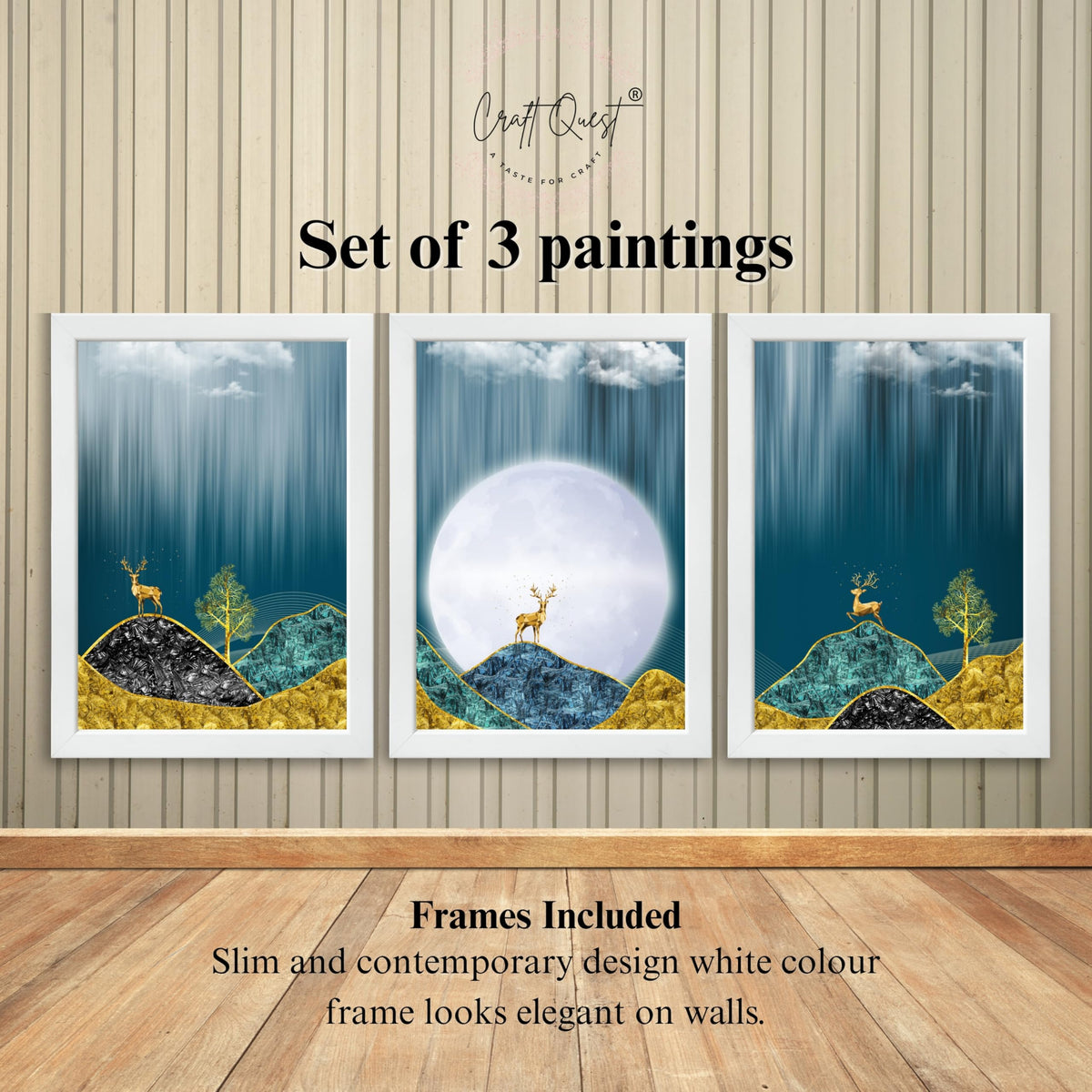 CRAFT QUEST Modern Art Landscape Of Moon & Golden Christmas Trees Wall Art | Set of 3 Frames for Home Decoration | Ideal for Living Room, Bedroom & Offices