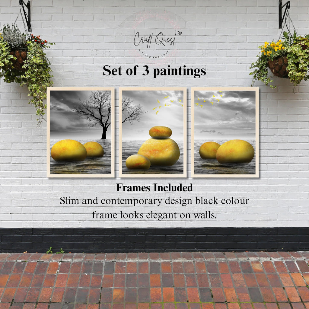 CRAFT QUEST Modern Abstract Golden Stone Art | Set of 3 Frames for Home Decoration | Ideal for Living Room, Bedroom & Offices