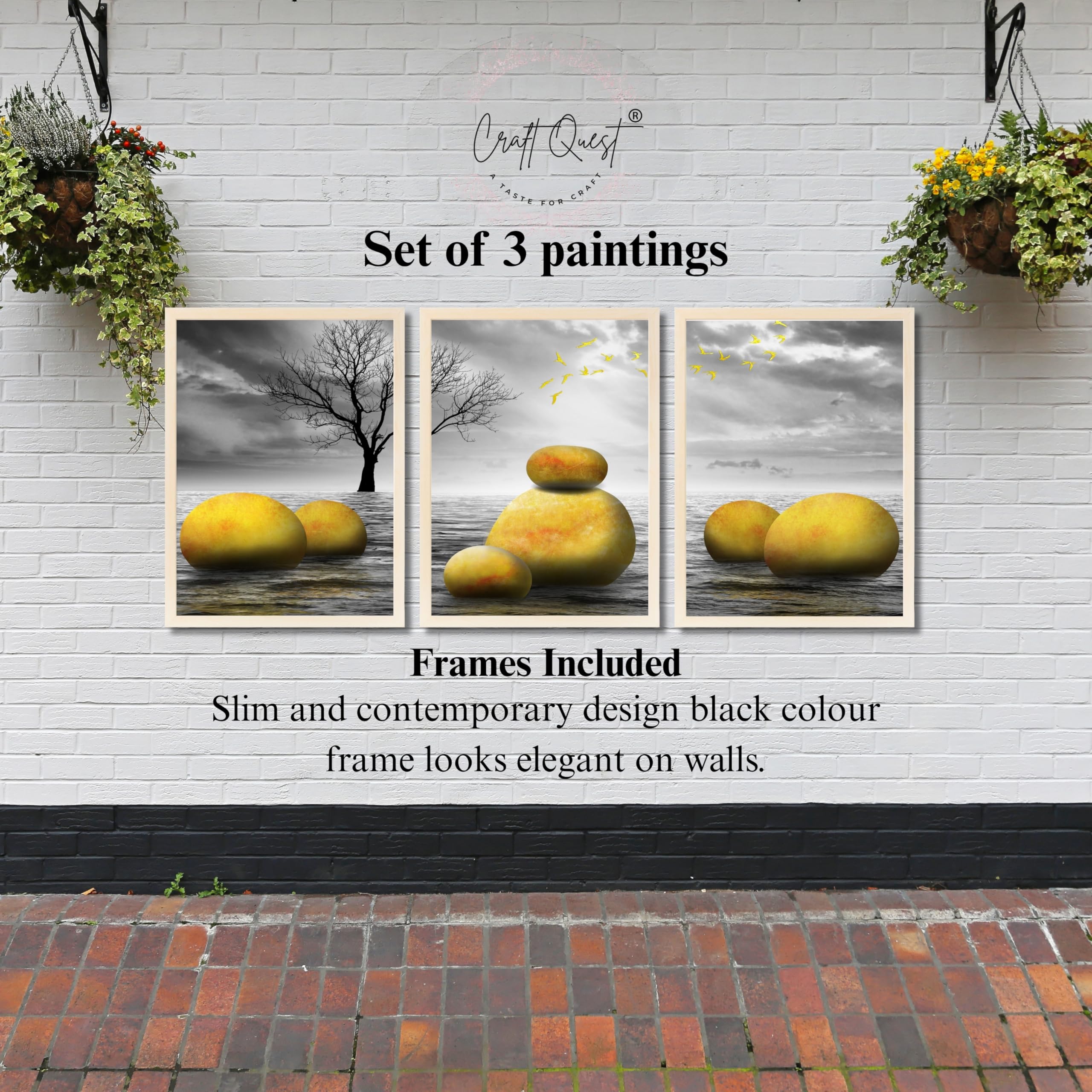 CRAFT QUEST Modern Abstract Golden Stone Art | Set of 3 Frames for Home Decoration | Ideal for Living Room, Bedroom & Offices
