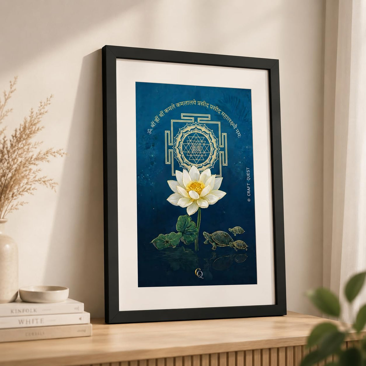 CRAFT QUEST White lotus painting for wall vastu with Shree Yantra and tortoise – Vastu Energy Poster for Prosperity, Money Flow & Stability Photo Frame for Home, Office
